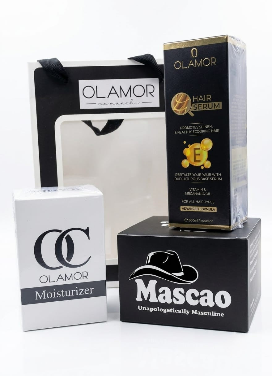 OLAMOR Rakhi Gift Hamper for Brother & Sister | Raksha Bandhan Gift Set | Moisturizer 50ml + Vitamin E Hair Serum + Mascao Men Cream | Premium Skincare & Haircare Combo
