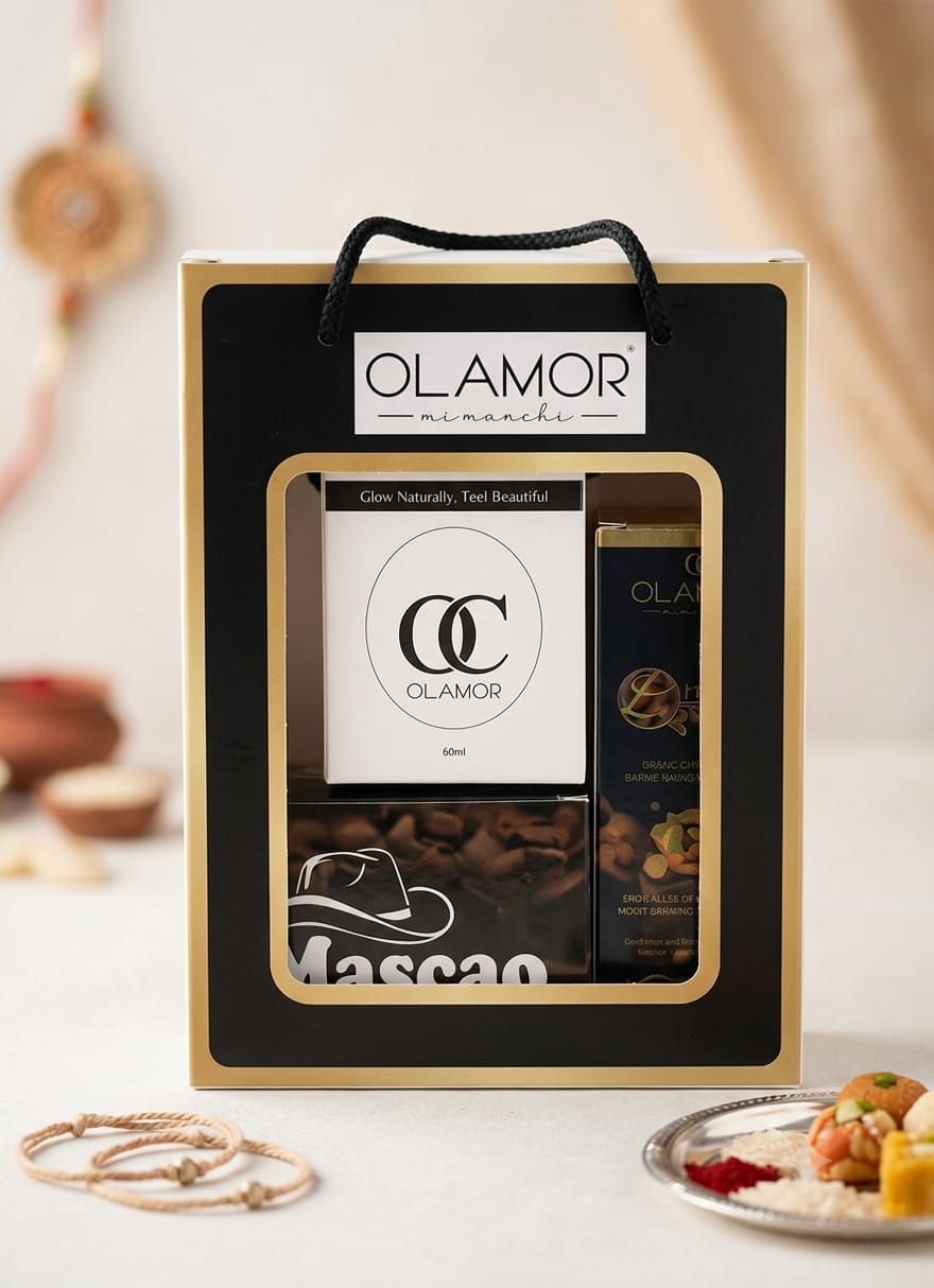 OLAMOR Rakhi Gift Hamper for Brother & Sister | Raksha Bandhan Gift Set | Moisturizer 50ml + Vitamin E Hair Serum + Mascao Men Cream | Premium Skincare & Haircare Combo