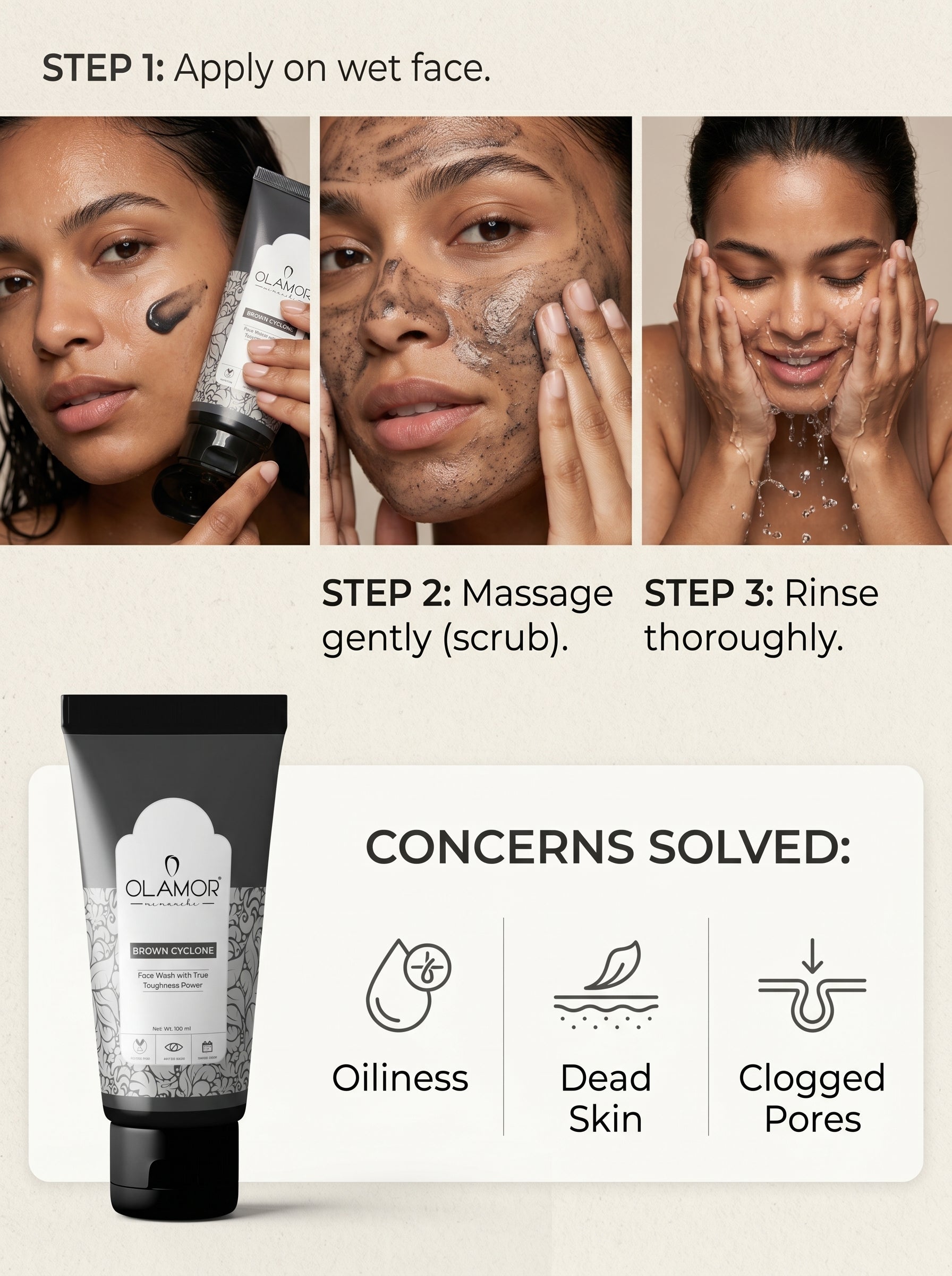 OLAMOR Brown Cyclone Face Wash 100ml | Deep Cleansing & Oil Control Face Cleanser | Removes Dirt, Pollution & Excess Oil | Bright & Fresh Skin for Men & Women