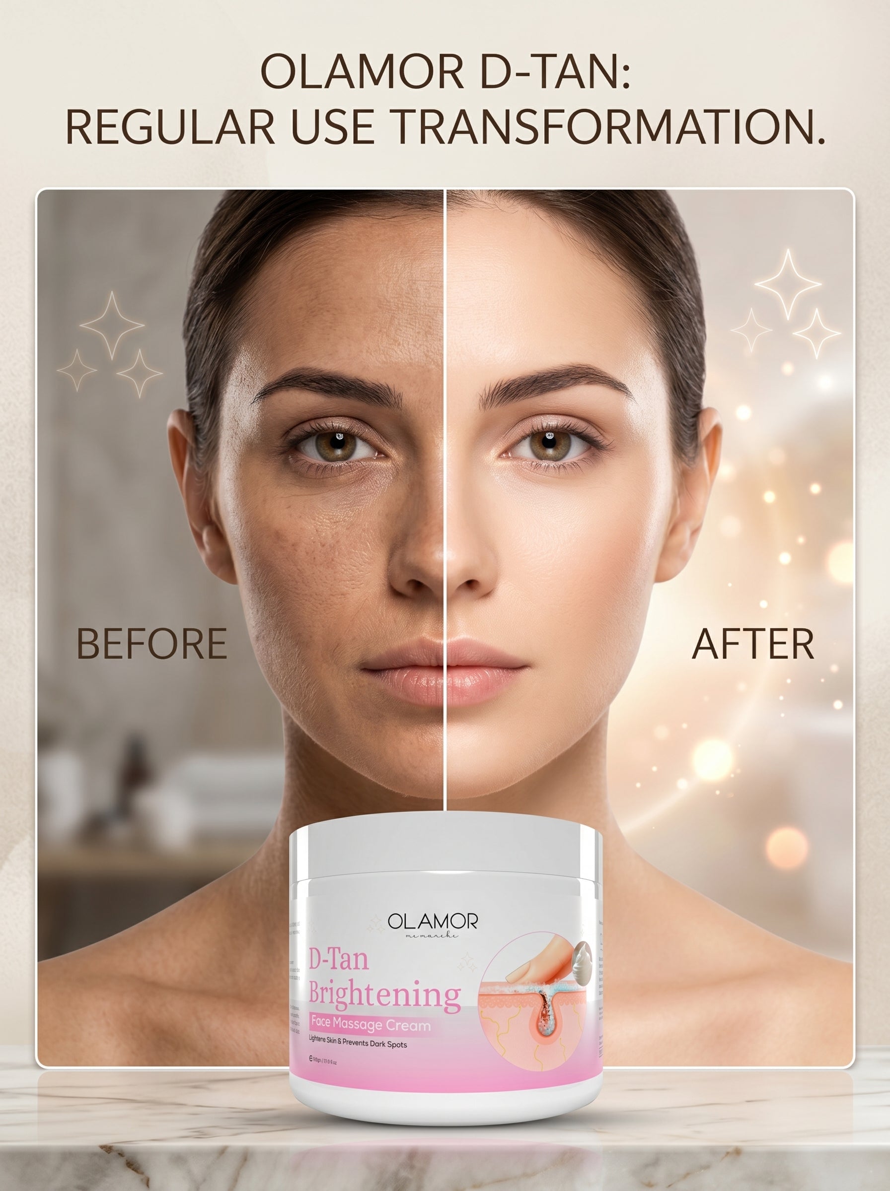 OLAMOR D-Tan Brightening Face Massage Cream – Tan Removal & Skin Glow Cream 200gm