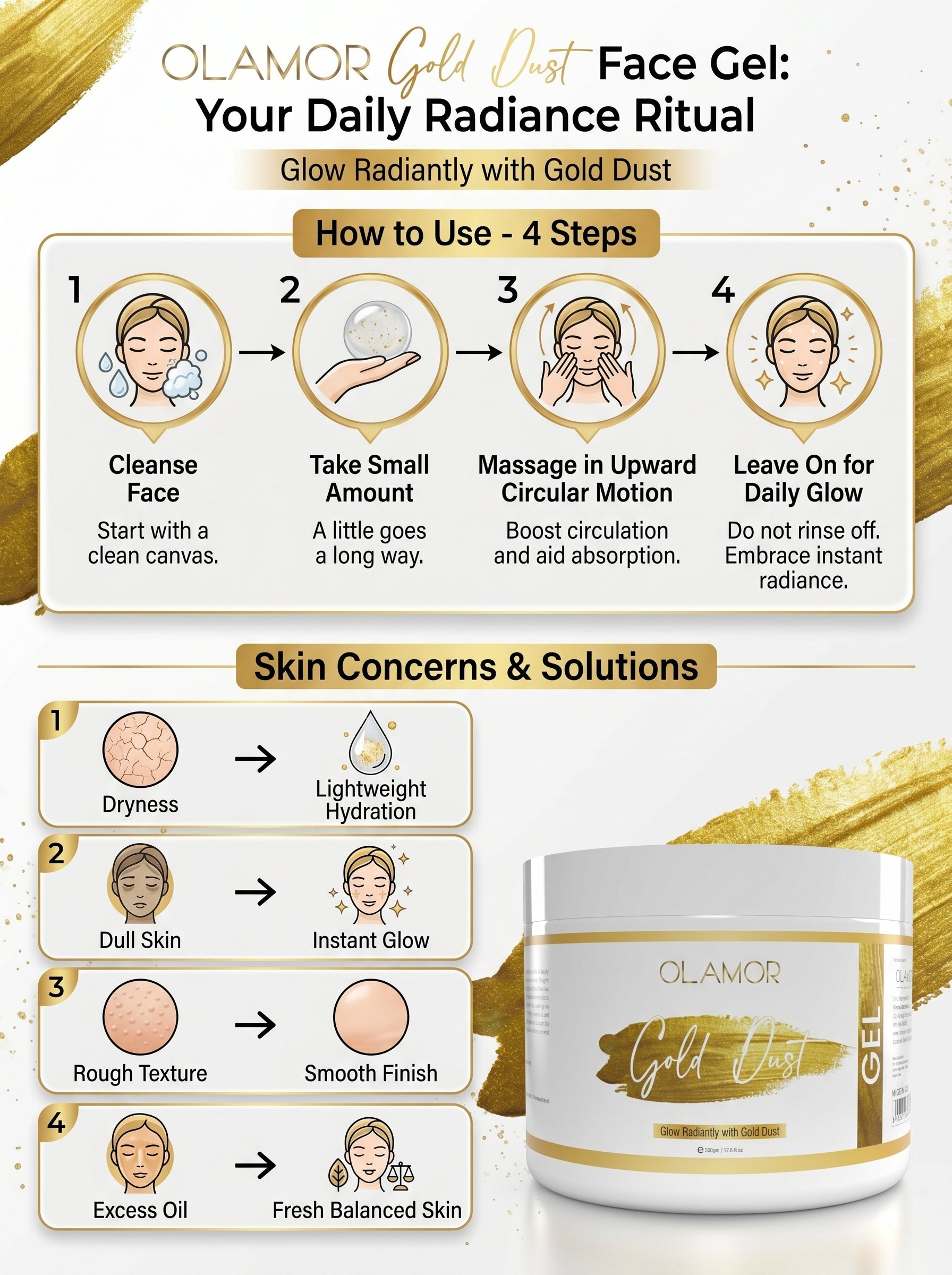 OLAMOR Gold Dust Face Gel – Lightweight Hydration & Glow Boosting Skin Gel 500gm