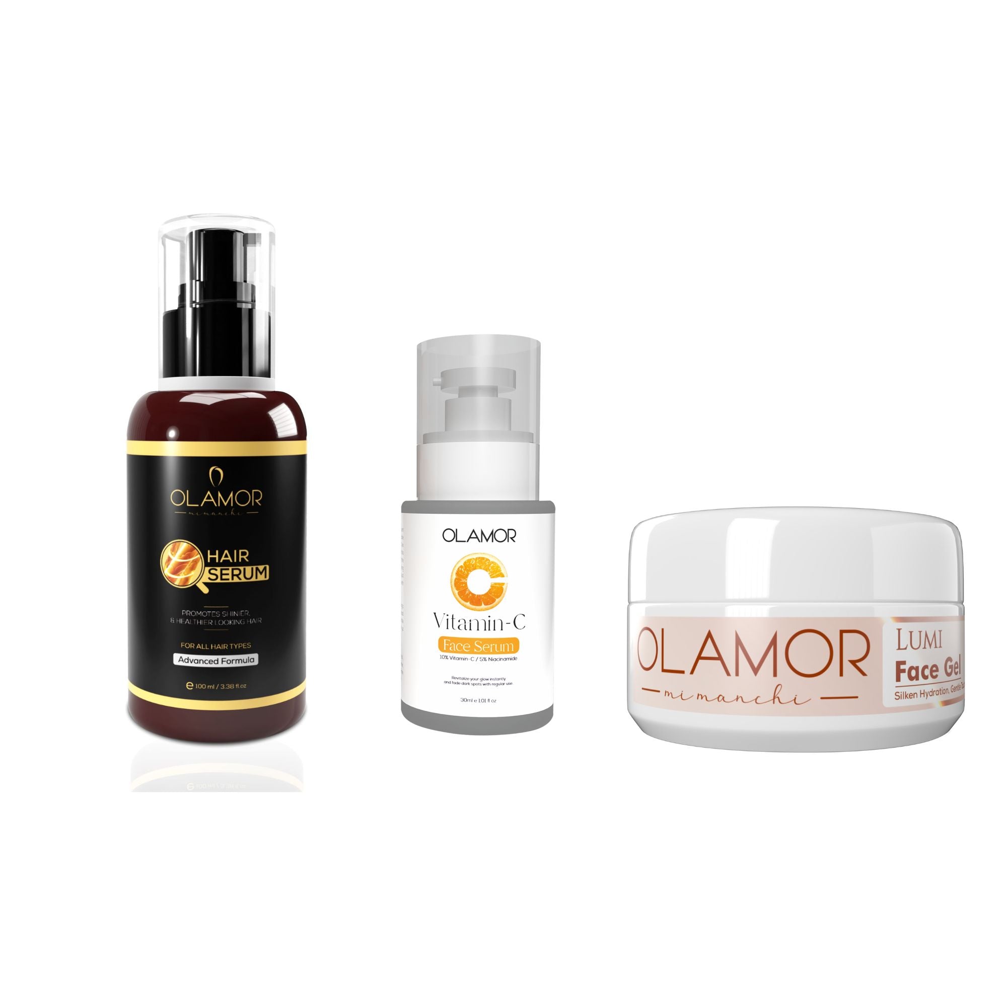 OLAMOR Hair Serum 100ml + Éclat Face Gel 120g + Vitamin C Face Serum 30ml | Hair & Skincare Trio