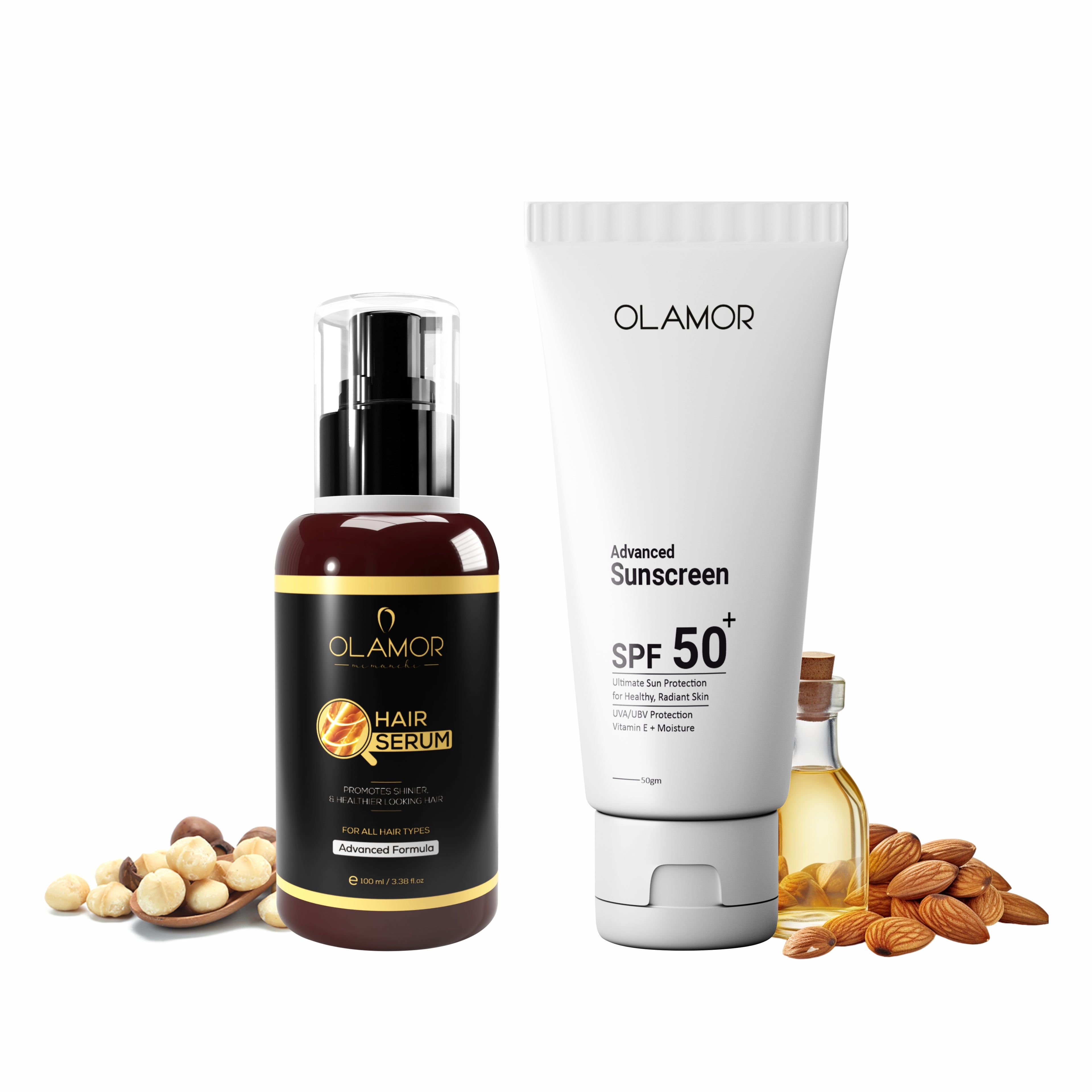 OLAMOR Vitamin-E Hair Serum 100ml & Advanced Sunscreen SPF 50+ 500g Combo | Frizz Control, Hair Nourishment & Broad-Spectrum Sun Protection for Healthy Hair and Radiant Skin