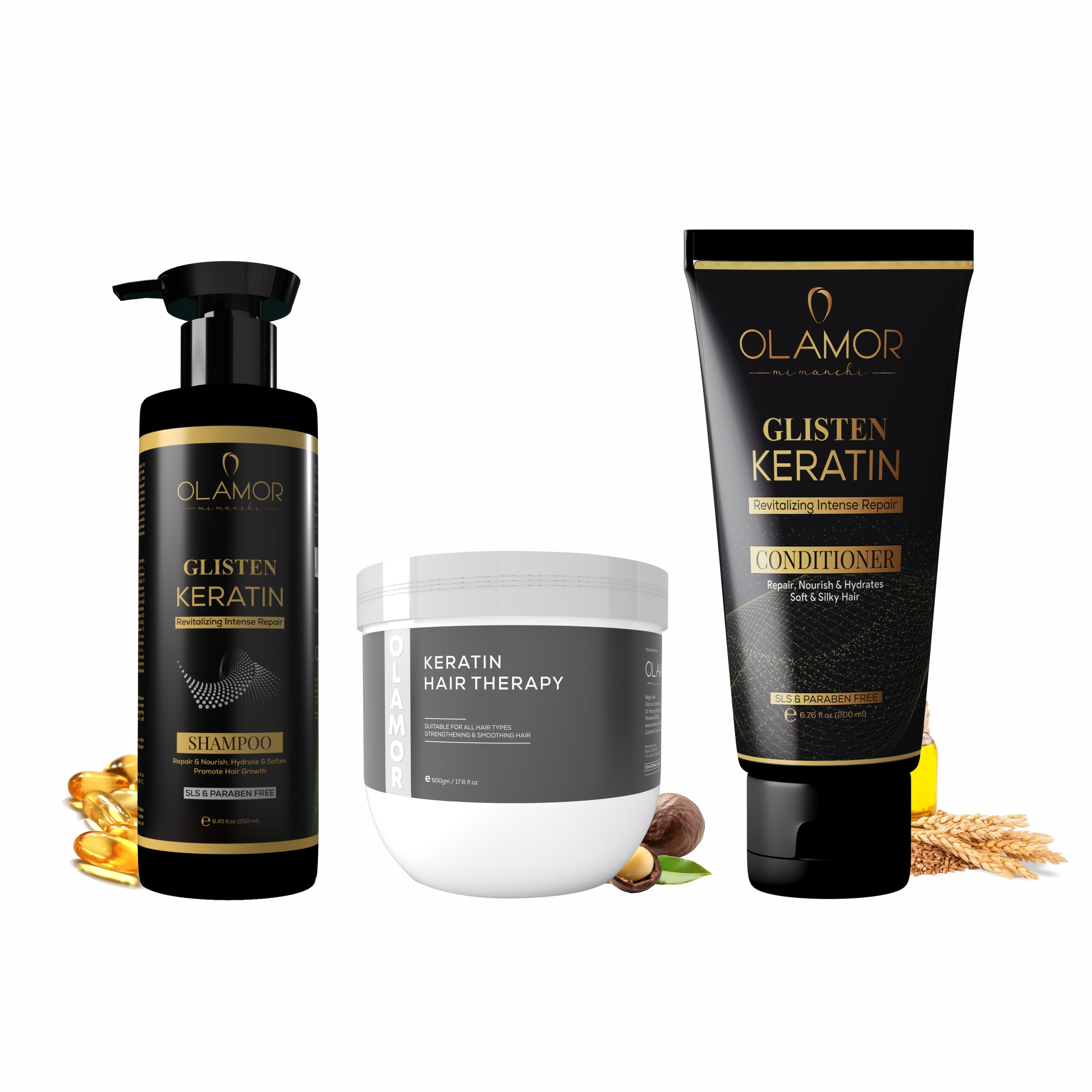 OLAMOR Complete Keratin Hair Repair Combo | Keratin Shampoo 250ml + Keratin Conditioner 200ml + Keratin Hair Treatment 500gm for Dry, Damaged & Frizzy Hair