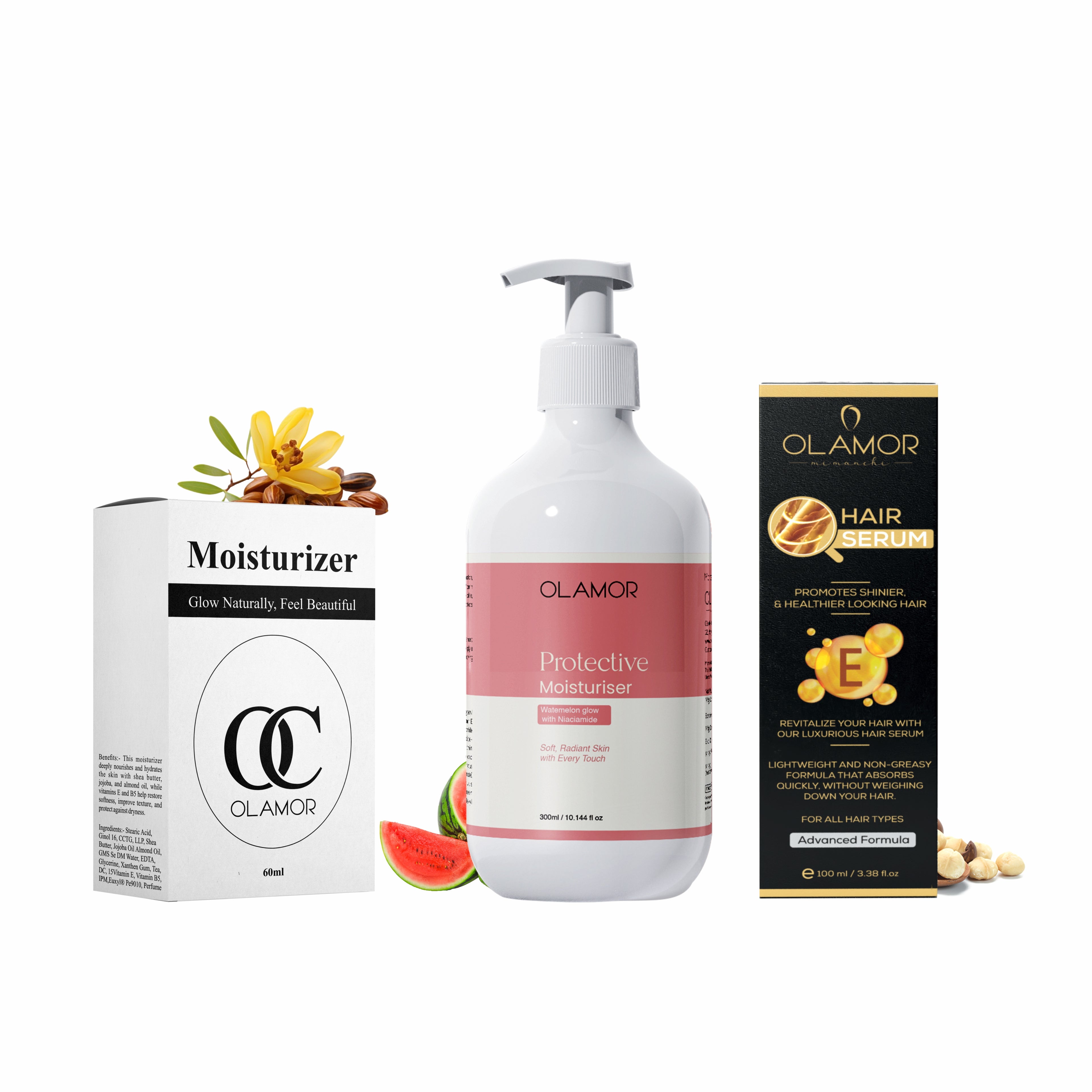 OLAMOR Beauty & Glow Combo | Pink Oval Moisturizer 60ml + Watermelon Glow Moisturizer 300ml + Vitamin-E Hair Serum 100ml for Radiant Skin & Healthy Hair