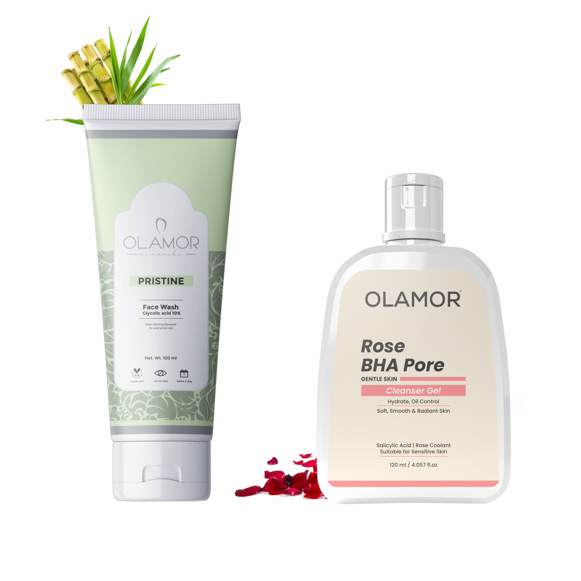 OLAMOR Rose BHA Pore Cleanser Gel 120gm & Pristine 10% Glycolic Acid Face Wash 100ml Combo | Deep Pore Cleansing, Gentle Exfoliation & Glowing Skin Care for Men & Women