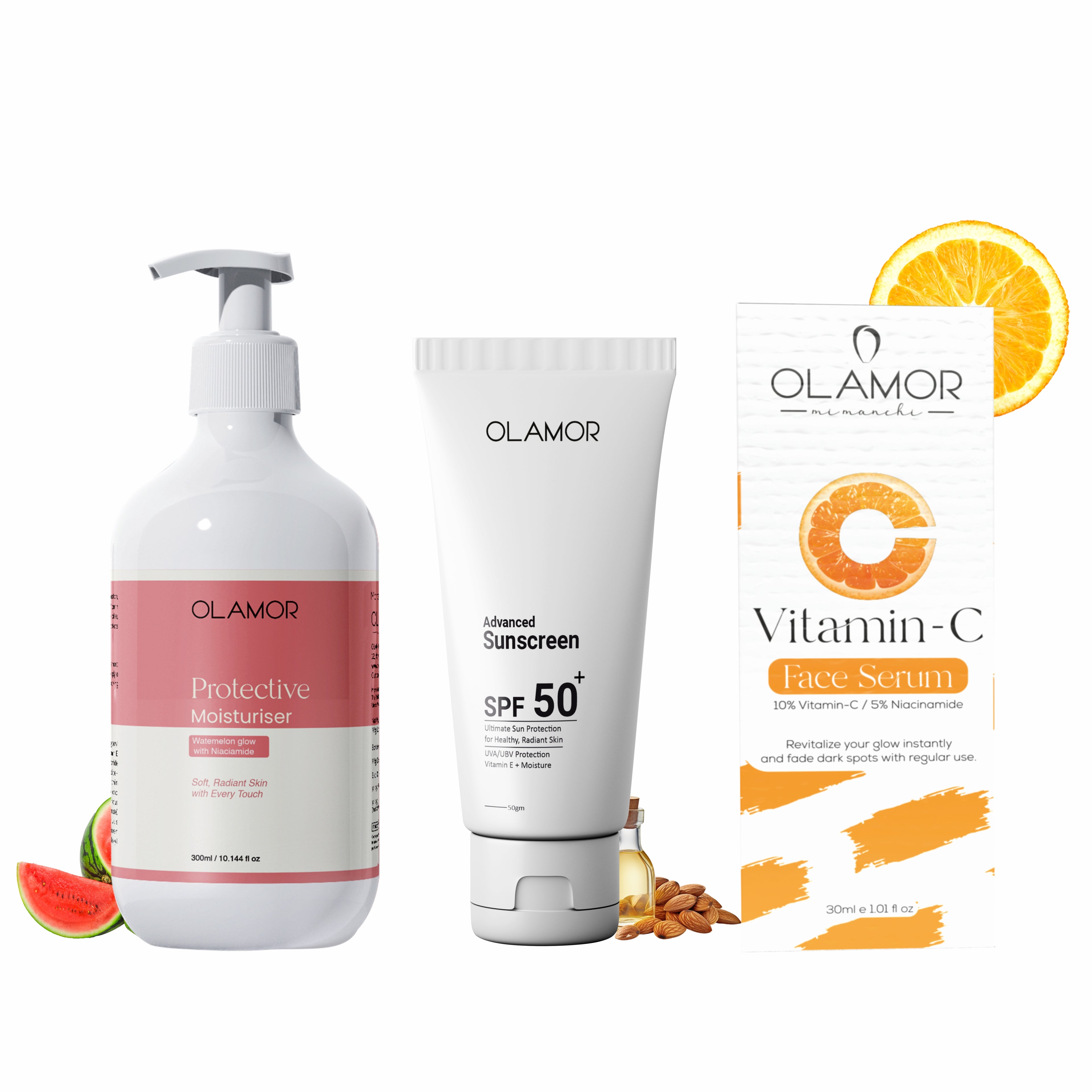 OLAMOR Watermelon Glow Moisturiser 300ml & SPF 50+ Sunscreen 50g Combo | Hydrating, Brightening & Broad Spectrum Sun Protection for Healthy, Radiant Skin