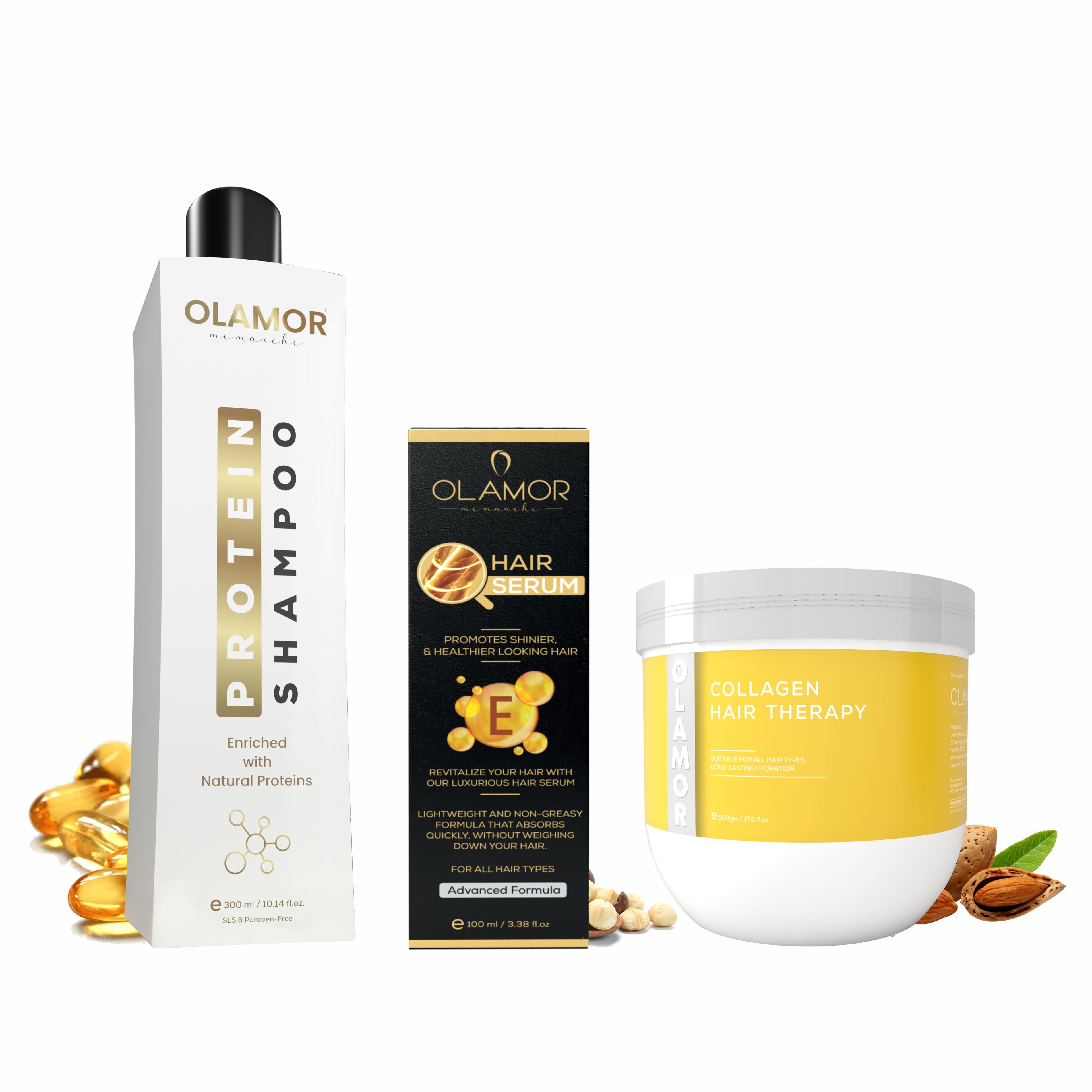 OLAMOR Daily Hair Care Trio | Hair Protein Shampoo + Vitamin-E Hair Serum + Collagen Hair Care Cream