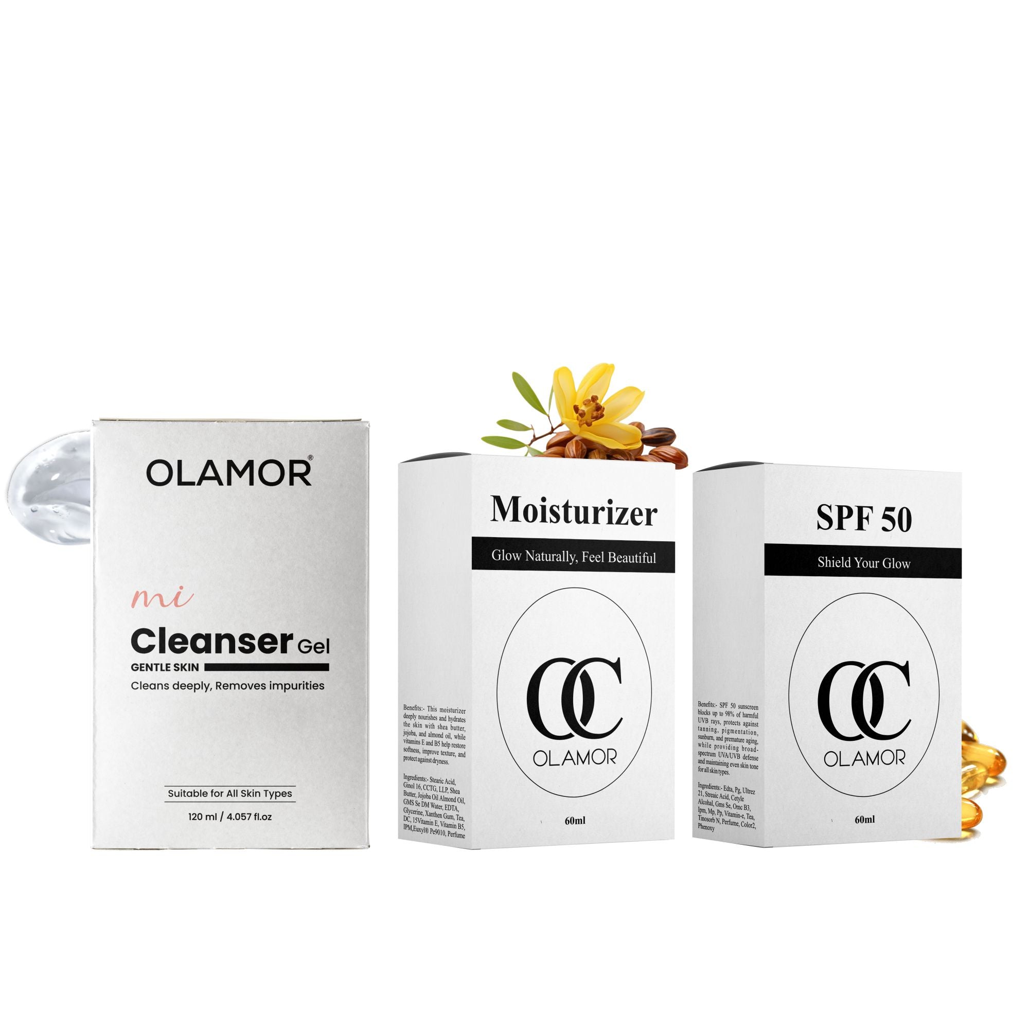 OLAMOR MI Cleanser Gel 120ml & SPF 50 Sunscreen 60ml Combo | Gentle Face Cleansing, Sun Protection & Skin Defense for All Skin Types