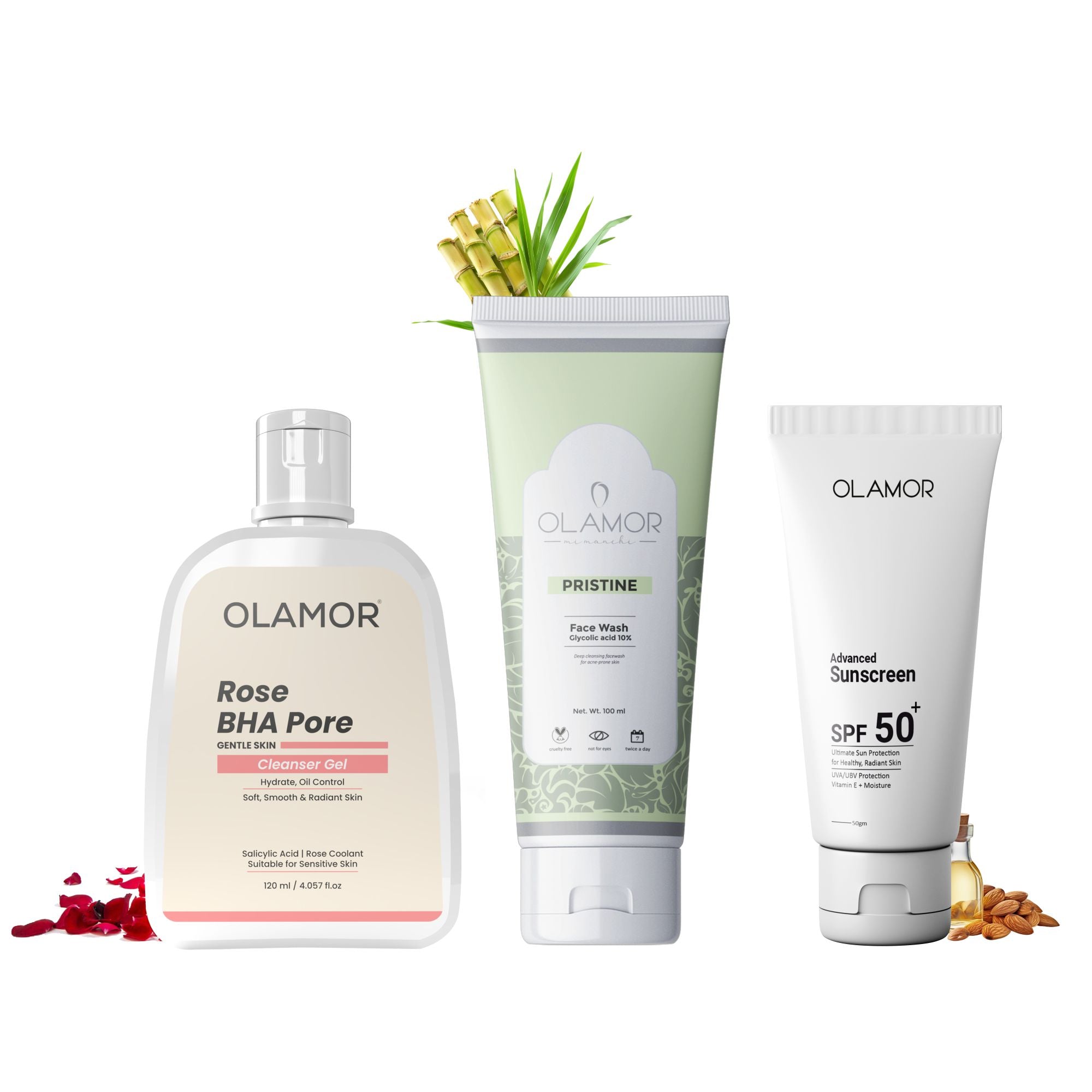 OLAMOR Rose BHA Cleanser Gel 120gm + SPF 50+ Sunscreen 500g + 10% Glycolic Acid Face Wash 100ml Combo | Pore Cleansing, Exfoliation & UV Protection for Radiant Skin
