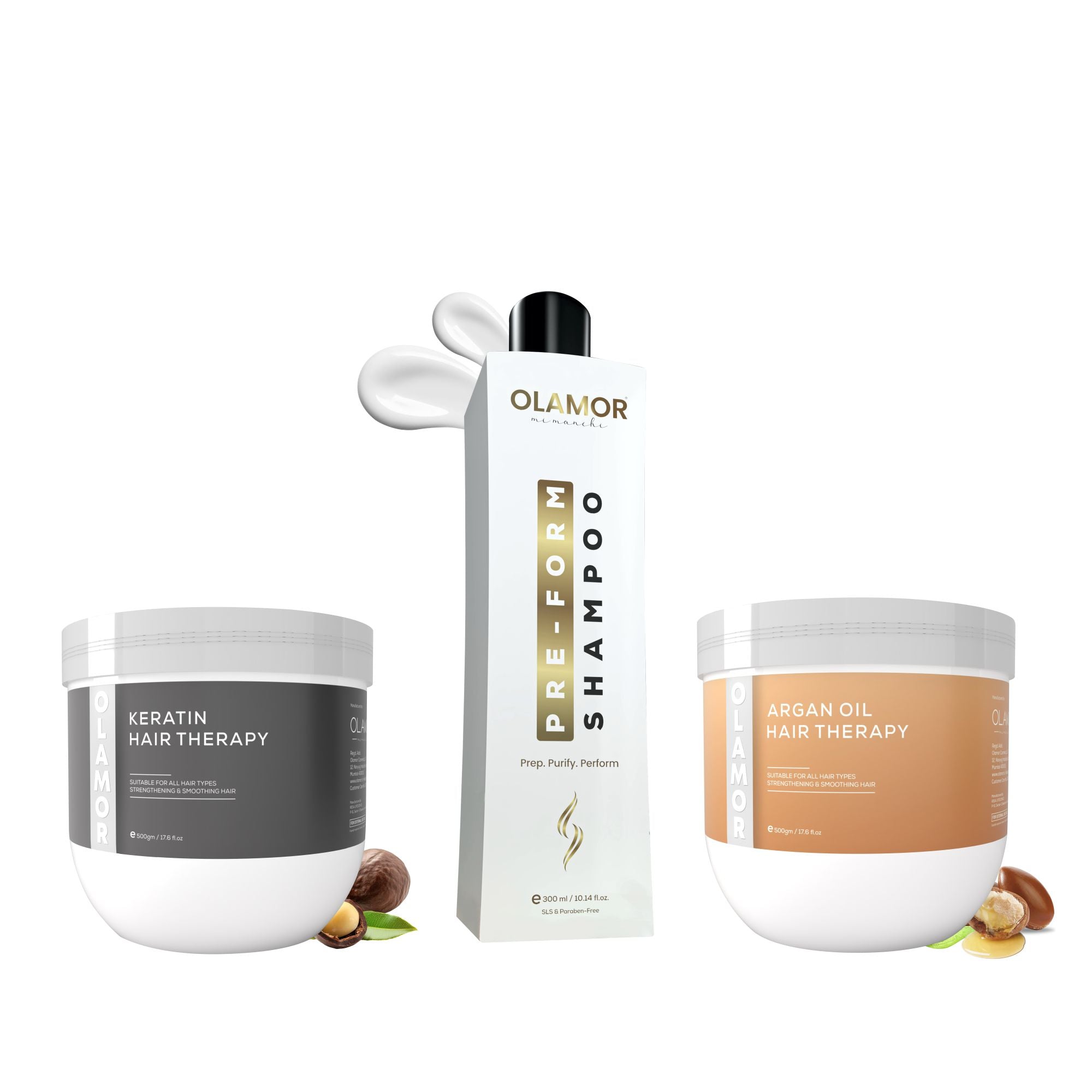 OLAMOR Complete Hair Repair Combo | Keratin Hair Treatment 500gm + Argan Oil Strengthening Therapy 500gm + Pre-Form Shampoo 300ml for Dry, Damaged & Frizzy Hair