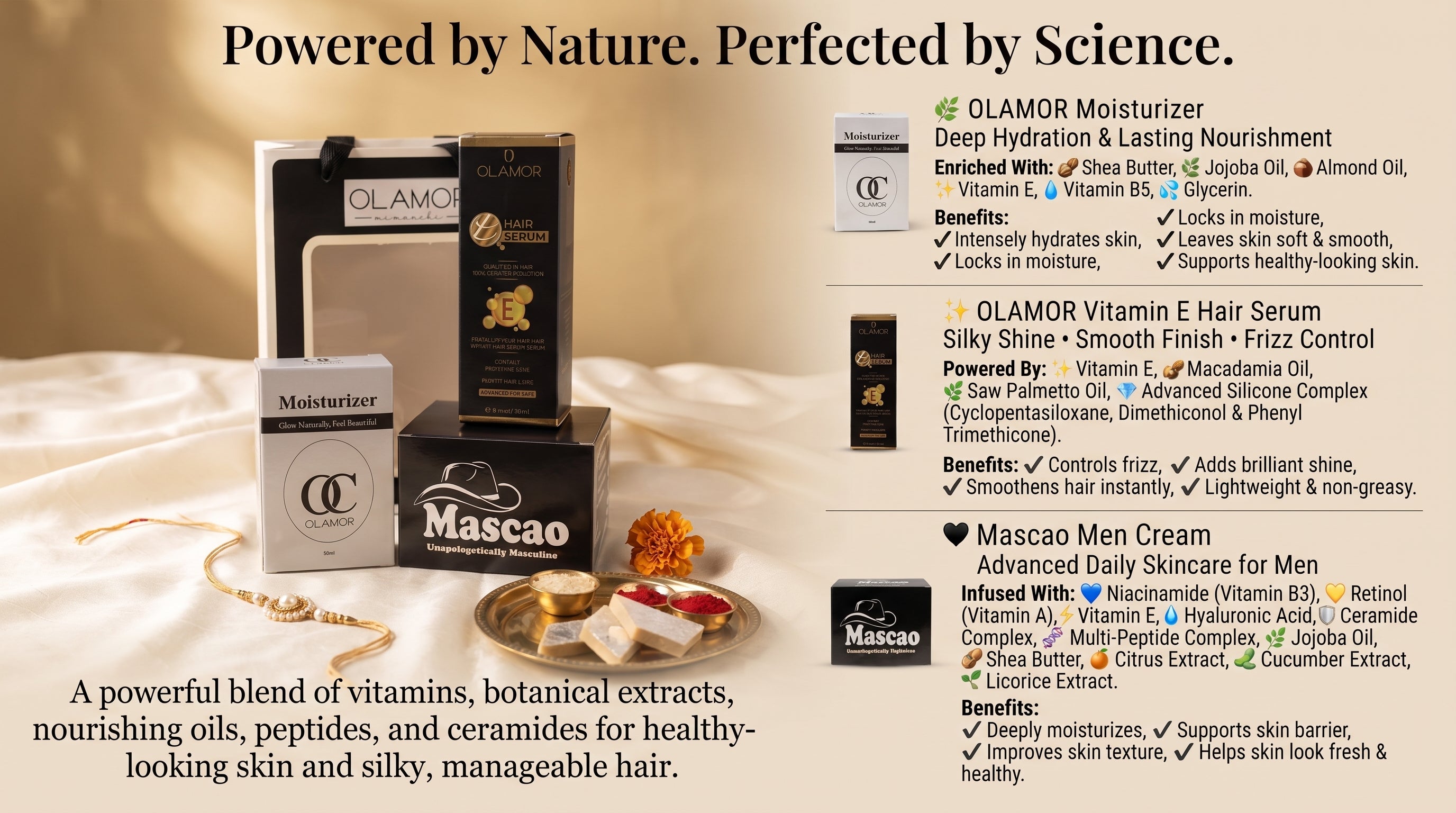 OLAMOR Rakhi Gift Hamper for Brother & Sister | Raksha Bandhan Gift Set | Moisturizer 50ml + Vitamin E Hair Serum + Mascao Men Cream | Premium Skincare & Haircare Combo