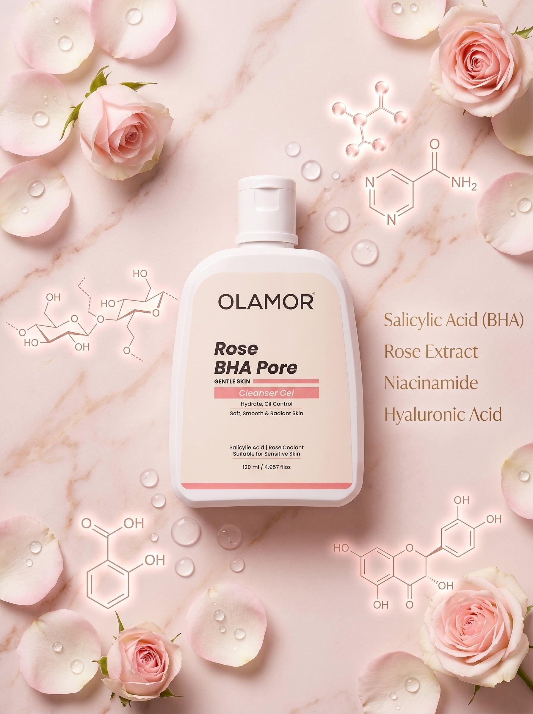 OLAMOR Rose BHA Cleanser Gel 120gm + SPF 50+ Sunscreen 500g + 10% Glycolic Acid Face Wash 100ml Combo | Pore Cleansing, Exfoliation & UV Protection for Radiant Skin