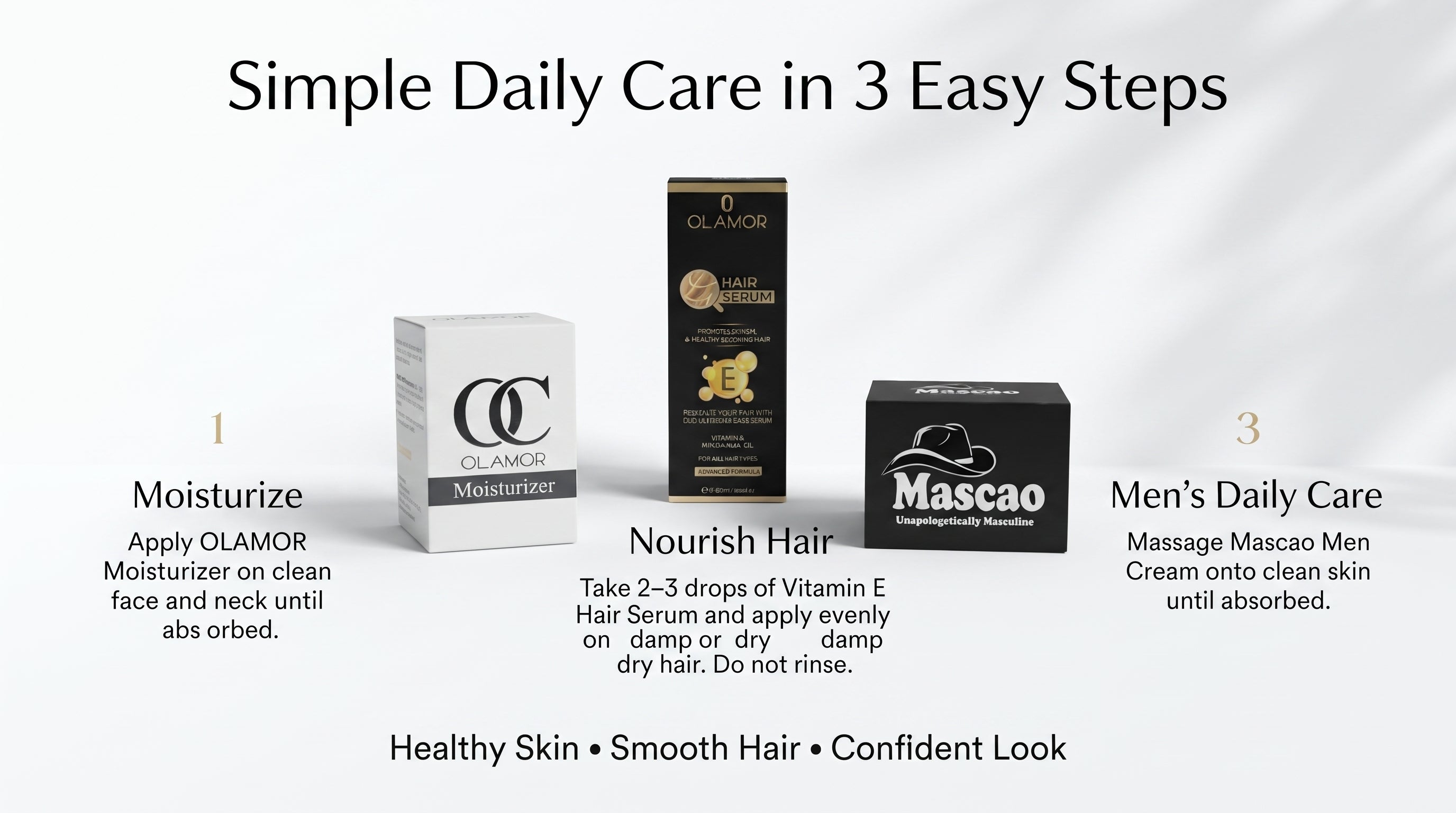 OLAMOR Rakhi Gift Hamper for Brother & Sister | Raksha Bandhan Gift Set | Moisturizer 50ml + Vitamin E Hair Serum + Mascao Men Cream | Premium Skincare & Haircare Combo