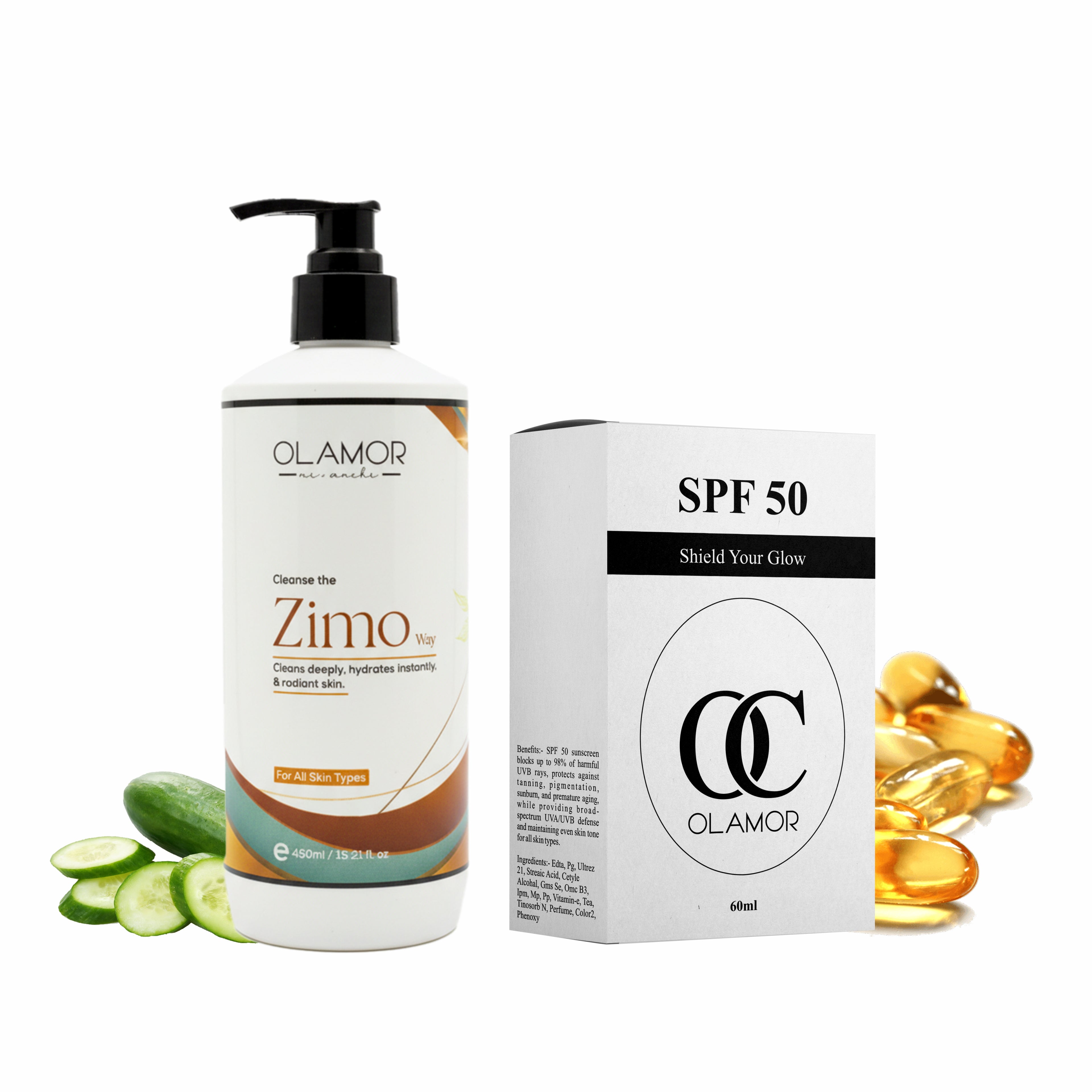 OLAMOR Zimo Cleansing Milk 450ml & SPF 50 Sunscreen 60ml Combo | Deep Cleansing, Hydration & UV Protection | Removes Makeup, Dirt & Impurities for Soft, Glowing Skin
