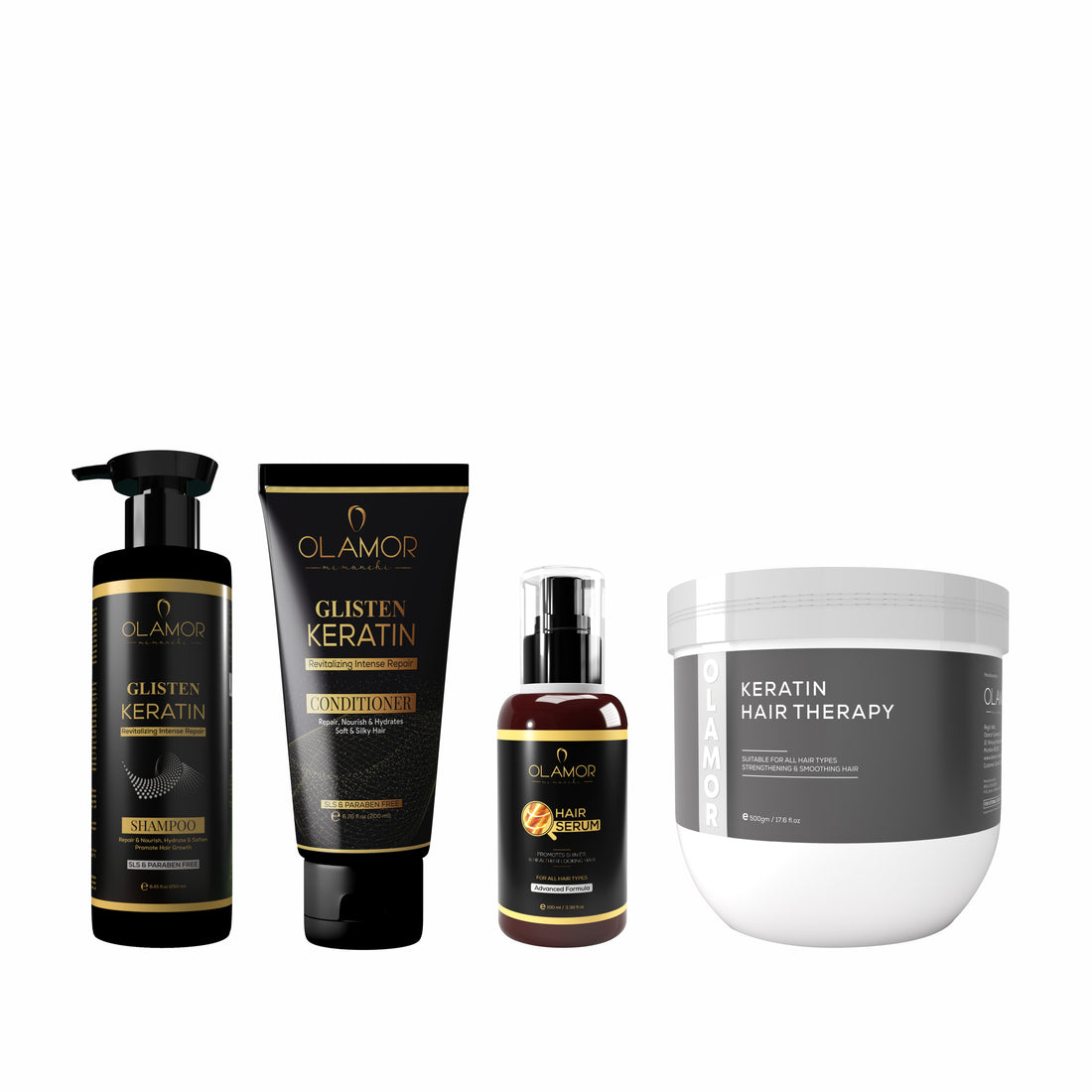 OLAMOR Glisten Keratin Hair Care Combo | Keratin Shampoo 250ml + Keratin Conditioner 200ml + Vitamin E Hair Serum 100ml + Keratin Hair Spa Mask 500gm | Complete Hair Repair Kit for Dry, Damaged &amp; Frizzy Hair | Smooth, Shiny &amp; Salon-Like Hair Care