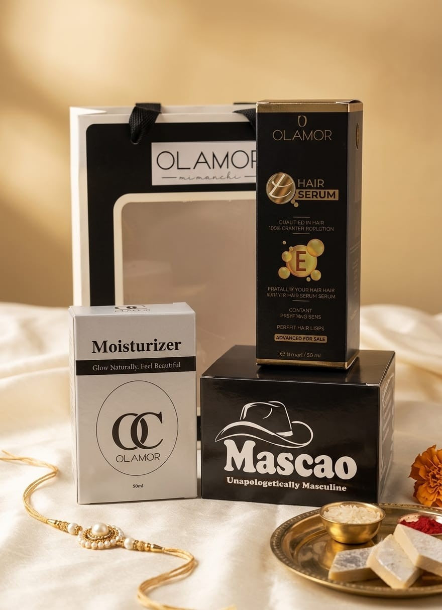 OLAMOR Rakhi Gift Hamper for Brother &amp; Sister | Raksha Bandhan Gift Set | Moisturizer 50ml + Vitamin E Hair Serum + Mascao Men Cream | Premium Skincare &amp; Haircare Combo