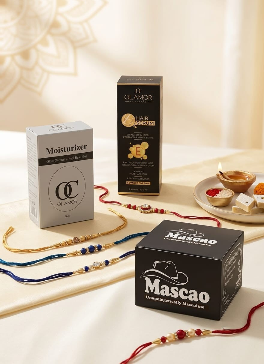 OLAMOR Rakhi Gift Hamper for Brother &amp; Sister | Raksha Bandhan Gift Set | Moisturizer 50ml + Vitamin E Hair Serum + Mascao Men Cream | Premium Skincare &amp; Haircare Combo