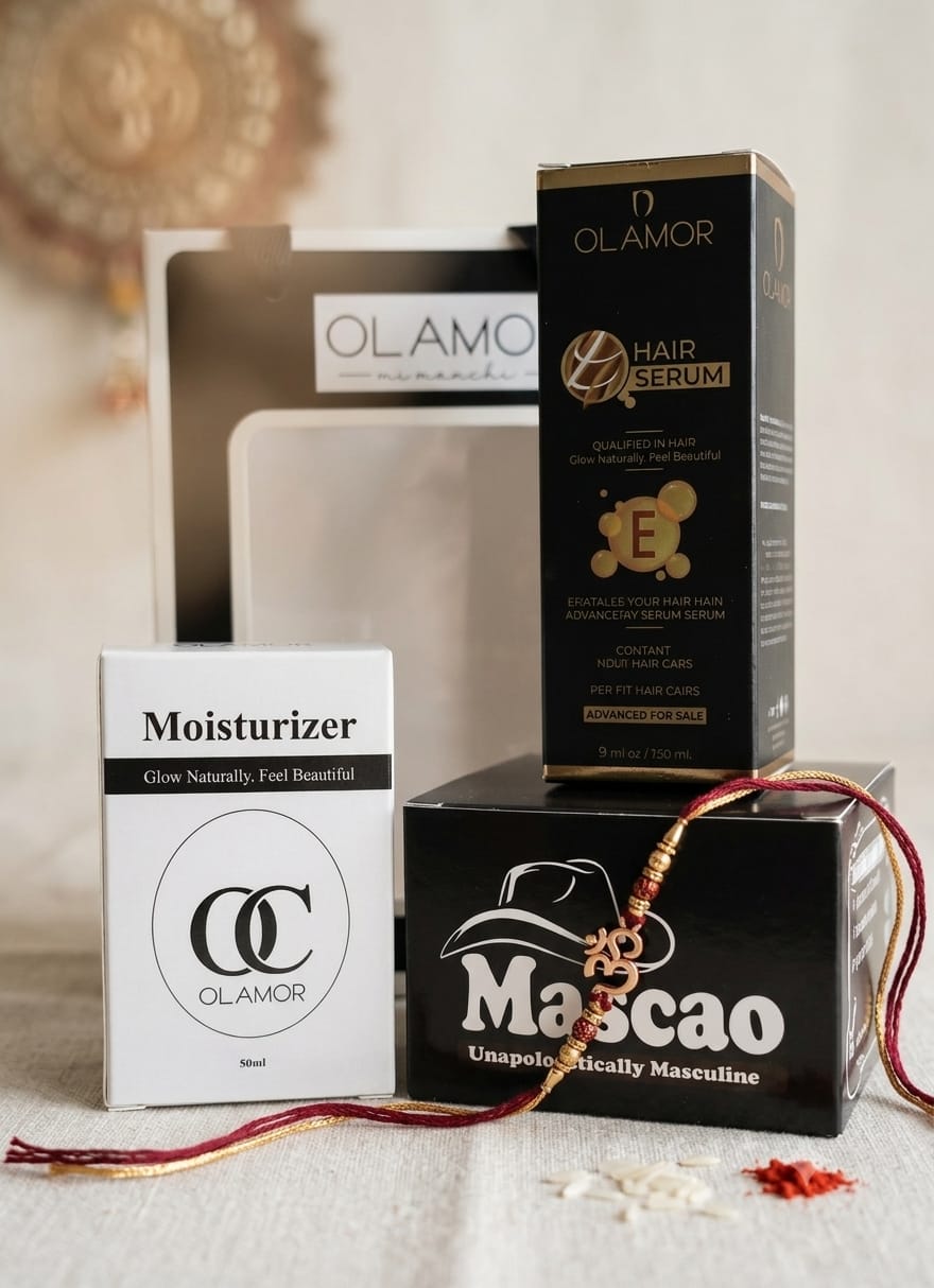OLAMOR Rakhi Gift Hamper for Brother &amp; Sister | Raksha Bandhan Gift Set | Moisturizer 50ml + Vitamin E Hair Serum + Mascao Men Cream | Premium Skincare &amp; Haircare Combo