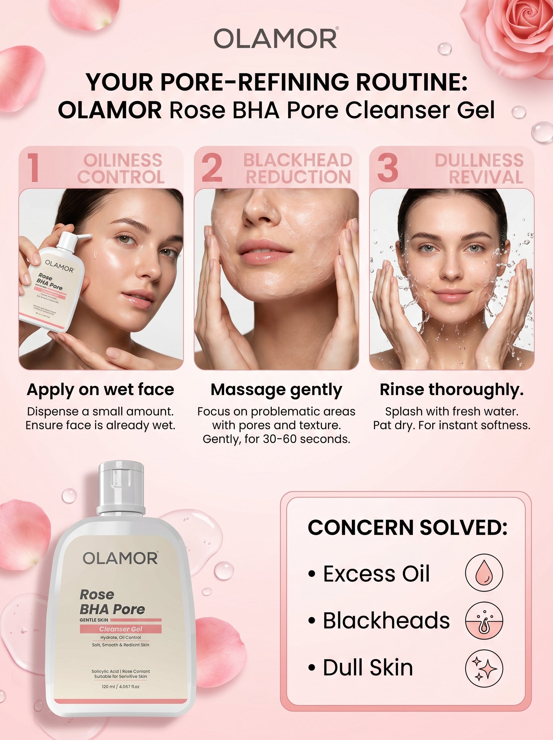 OLAMOR Complete Cleansing Trio | MI Cleanser Gel 120ml + Rose BHA Pore Cleanser Gel 120gm + Cica Radiance Cleanser Gel 120gm for Clean, Clear &amp; Radiant Skin
