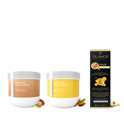 OLAMOR Hair Strengthening &amp; Repair Combo | Argan Oil Therapy 500gm + Collagen Hair Therapy 500gm + Vitamin-E Hair Serum 100ml for Dry, Damaged &amp; Frizzy Hair