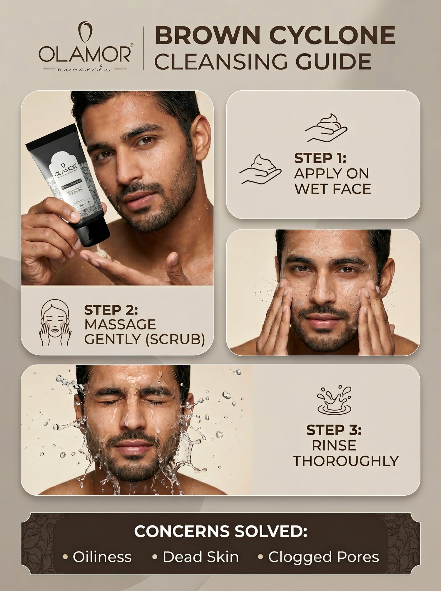 OLAMOR Brown Cyclone Face Wash 100ml | Deep Cleansing &amp; Oil Control Face Cleanser | Removes Dirt, Pollution &amp; Excess Oil | Bright &amp; Fresh Skin for Men &amp; Women