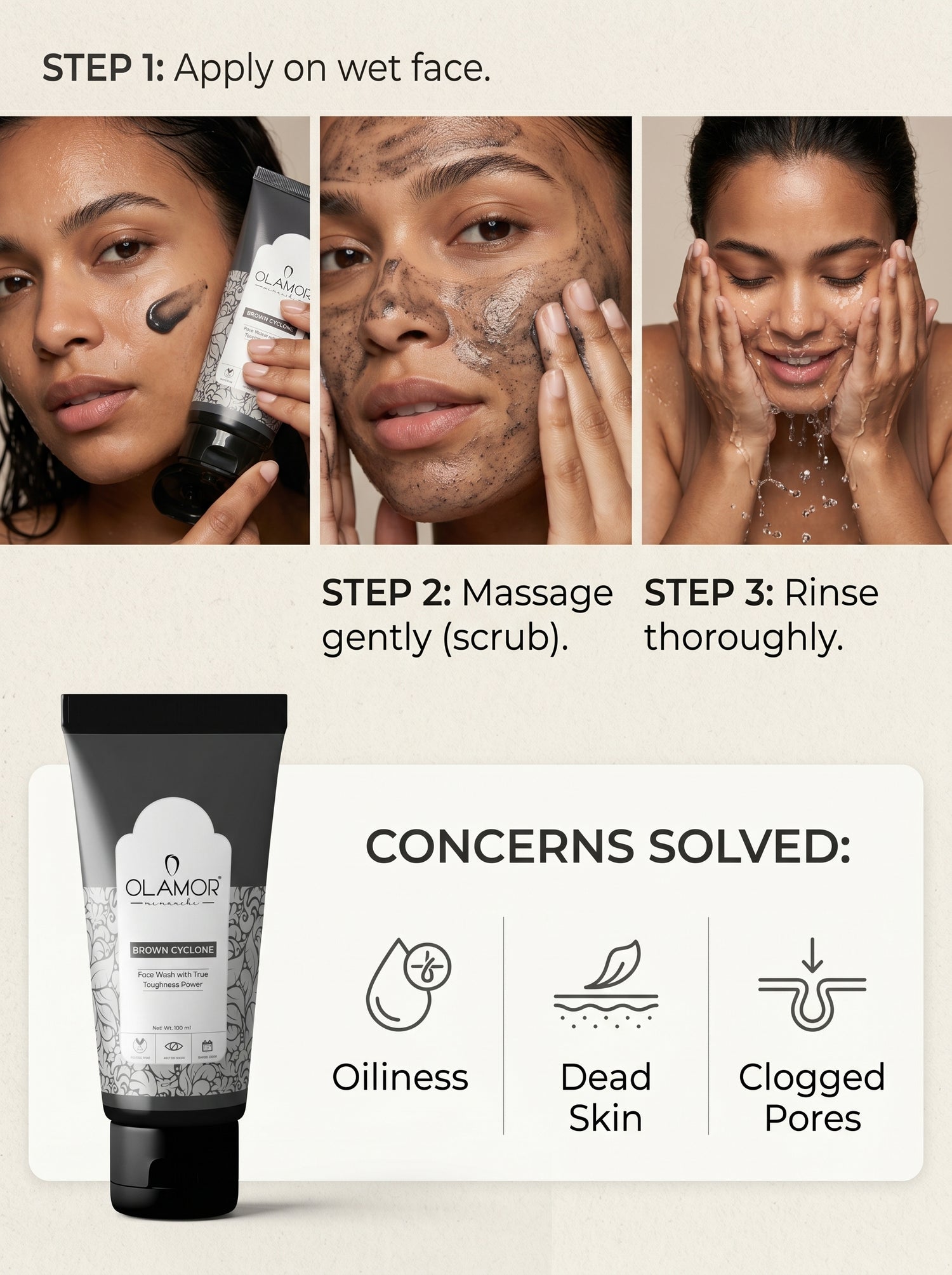 OLAMOR Brown Cyclone Face Wash 100ml | Deep Cleansing &amp; Oil Control Face Cleanser | Removes Dirt, Pollution &amp; Excess Oil | Bright &amp; Fresh Skin for Men &amp; Women