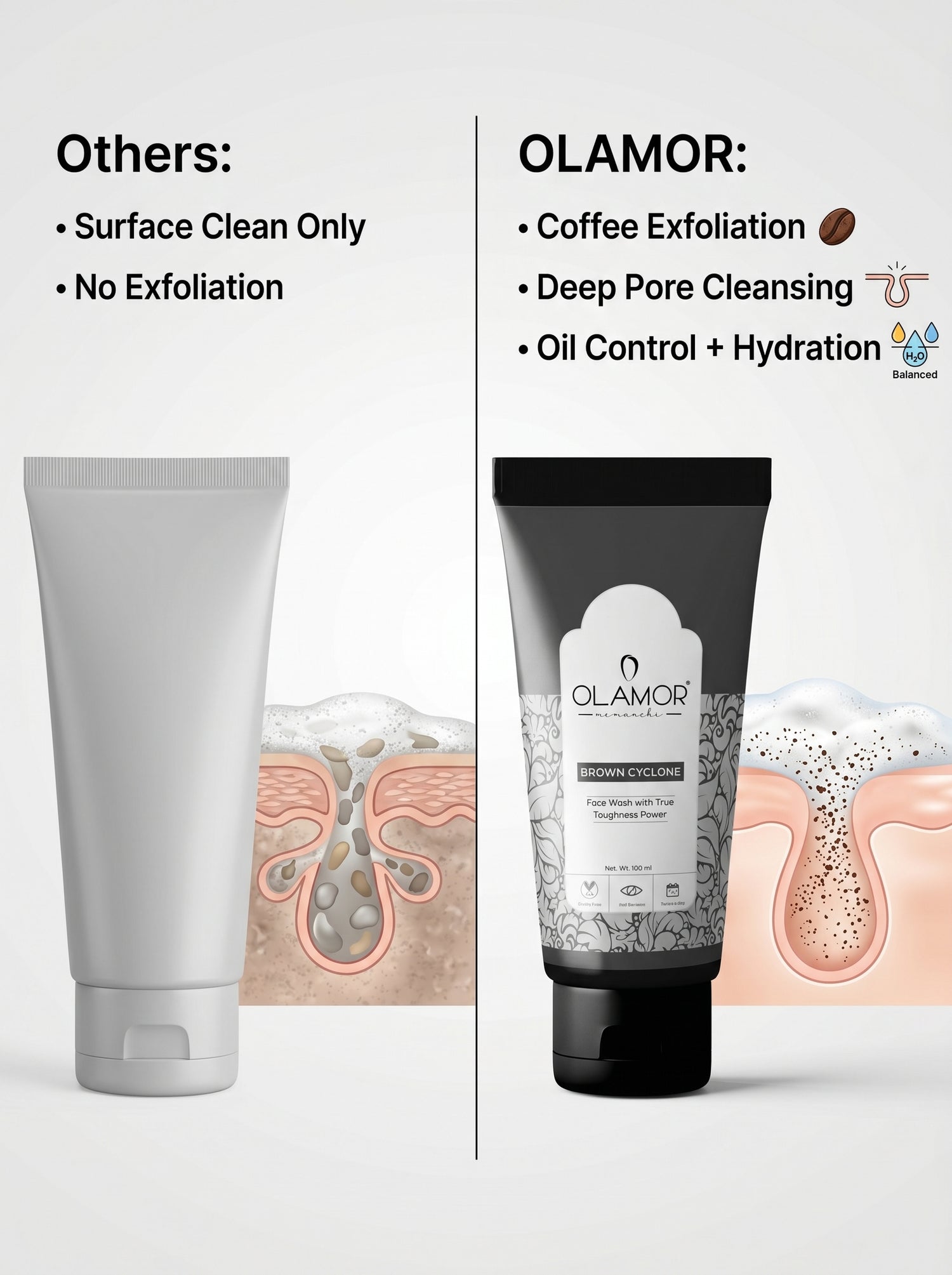 OLAMOR Brown Cyclone Face Wash 100ml | Deep Cleansing &amp; Oil Control Face Cleanser | Removes Dirt, Pollution &amp; Excess Oil | Bright &amp; Fresh Skin for Men &amp; Women