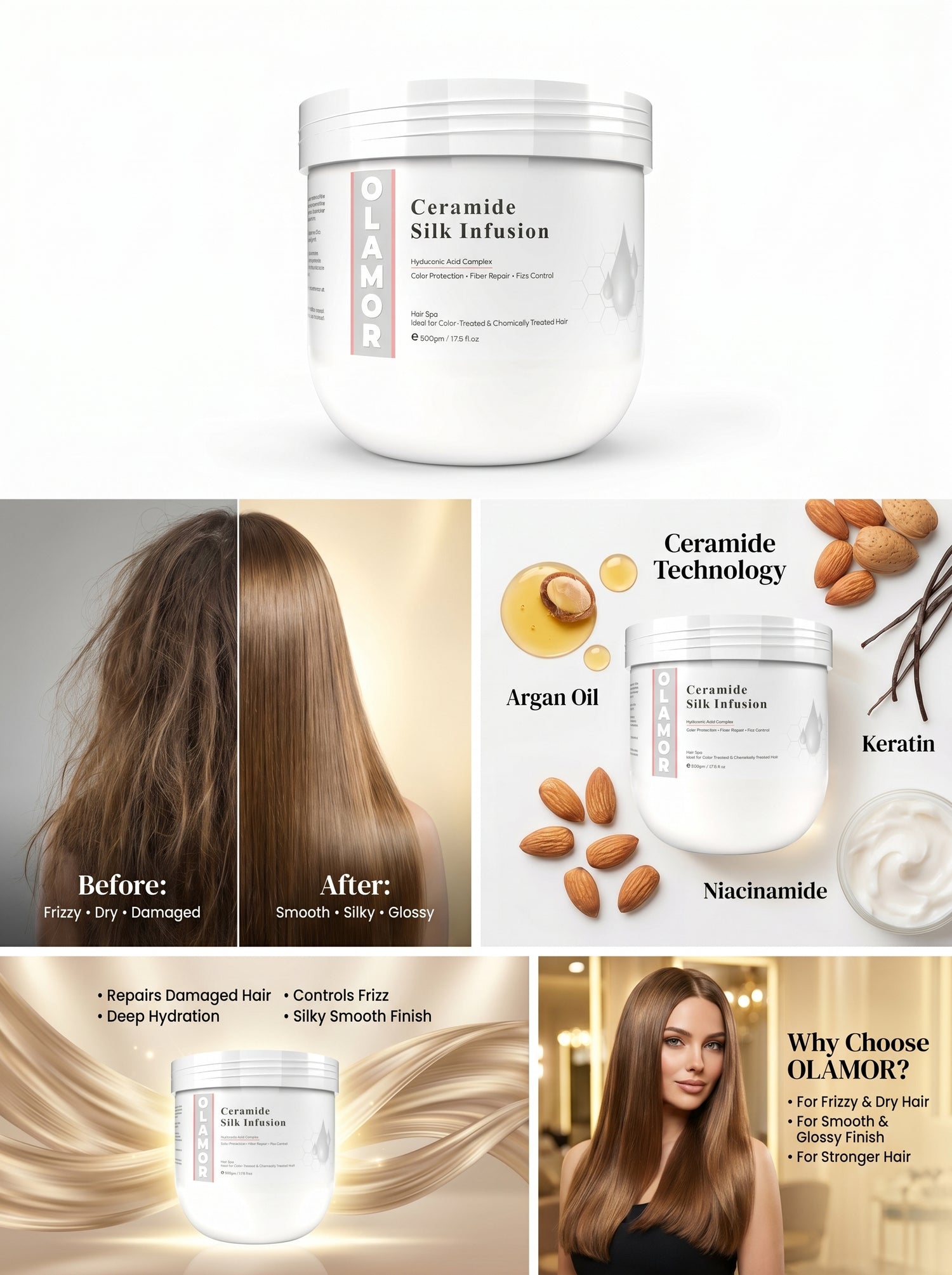 OLAMOR Ceramide Silk Infusion Hair Spa Ideal for color- Treated &amp; Chemically Treated Hair 500GM