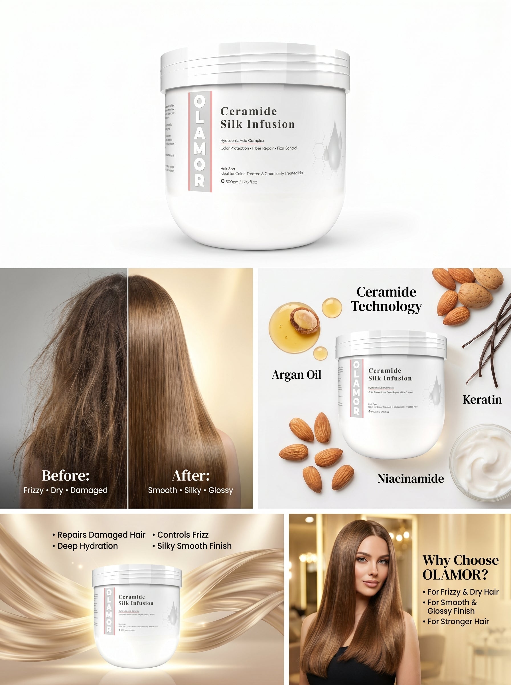 OLAMOR Ceramide Silk Infusion Hair Spa Ideal for color- Treated &amp; Chemically Treated Hair 500GM