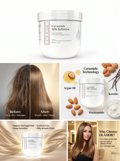 OLAMOR Ceramide Silk Infusion Hair Spa Ideal for color- Treated &amp; Chemically Treated Hair 500GM