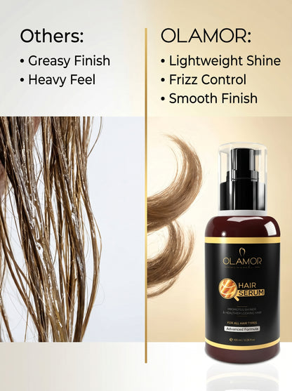 OLAMOR Vitamin-E Hair Serum 100ml &amp; Advanced Sunscreen SPF 50+ 500g Combo | Frizz Control, Hair Nourishment &amp; Broad-Spectrum Sun Protection for Healthy Hair and Radiant Skin
