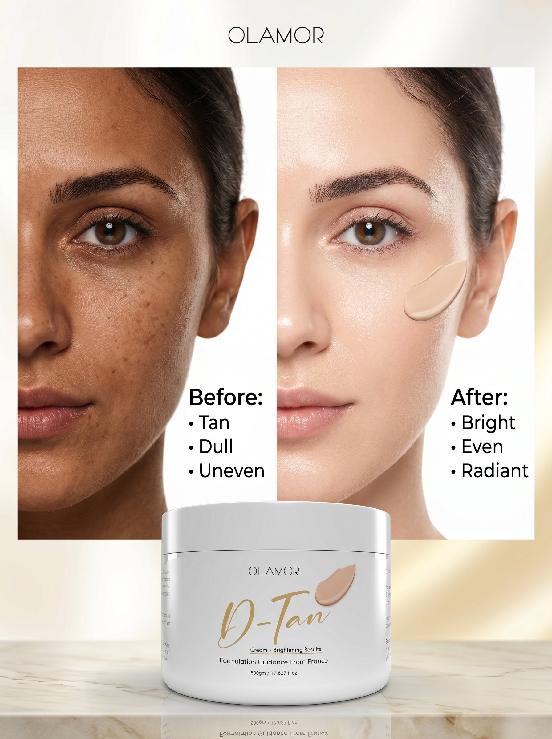 OLAMOR D-Tan Instant Brightening Treatment Cream | Removes Tan, Evens Skin Tone &amp; Restores Natural Glow | Salon Professional 500g