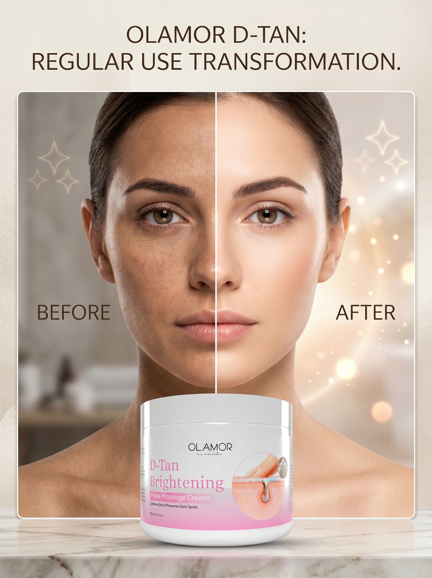 OLAMOR D-Tan Brightening Face Massage Cream – Tan Removal &amp; Skin Glow Cream 200gm
