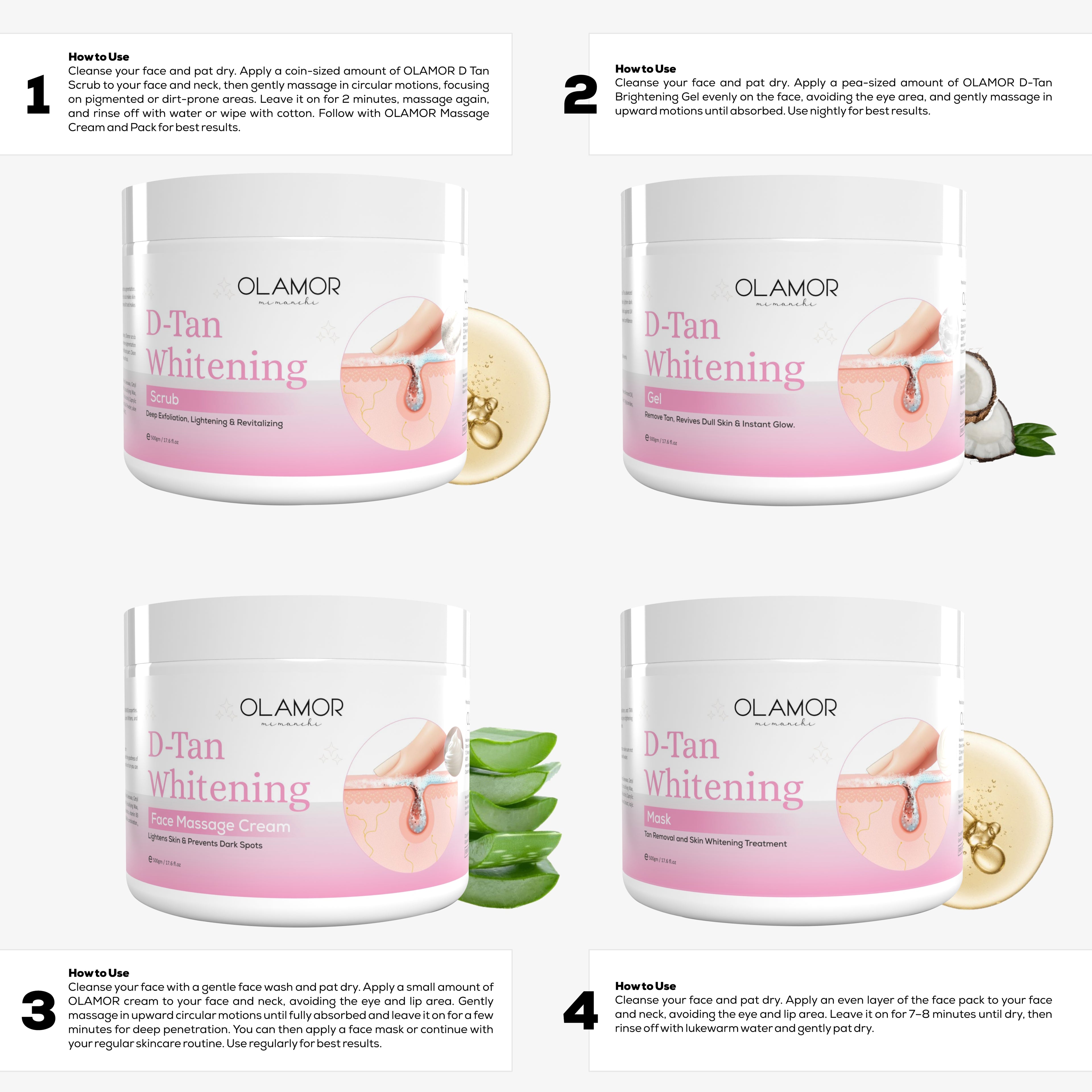 Olamor D-Tan Brightening Series Pack of 4 – Tan Removal &amp; Skin Brightening Combo Kit (200GM Each) for Deep Cleansing, Glow &amp; Smooth Skin