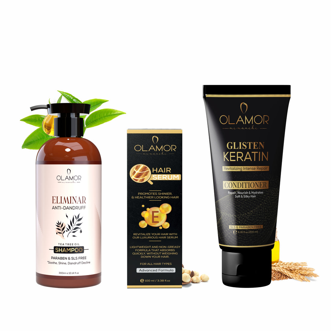 OLAMOR Anti-Dandruff &amp; Smooth Hair Combo | Eliminar Shampoo 300ml + Vitamin-E Hair Serum 100ml + Glisten Keratin Conditioner 200ml for Frizz Control &amp; Hair Repair