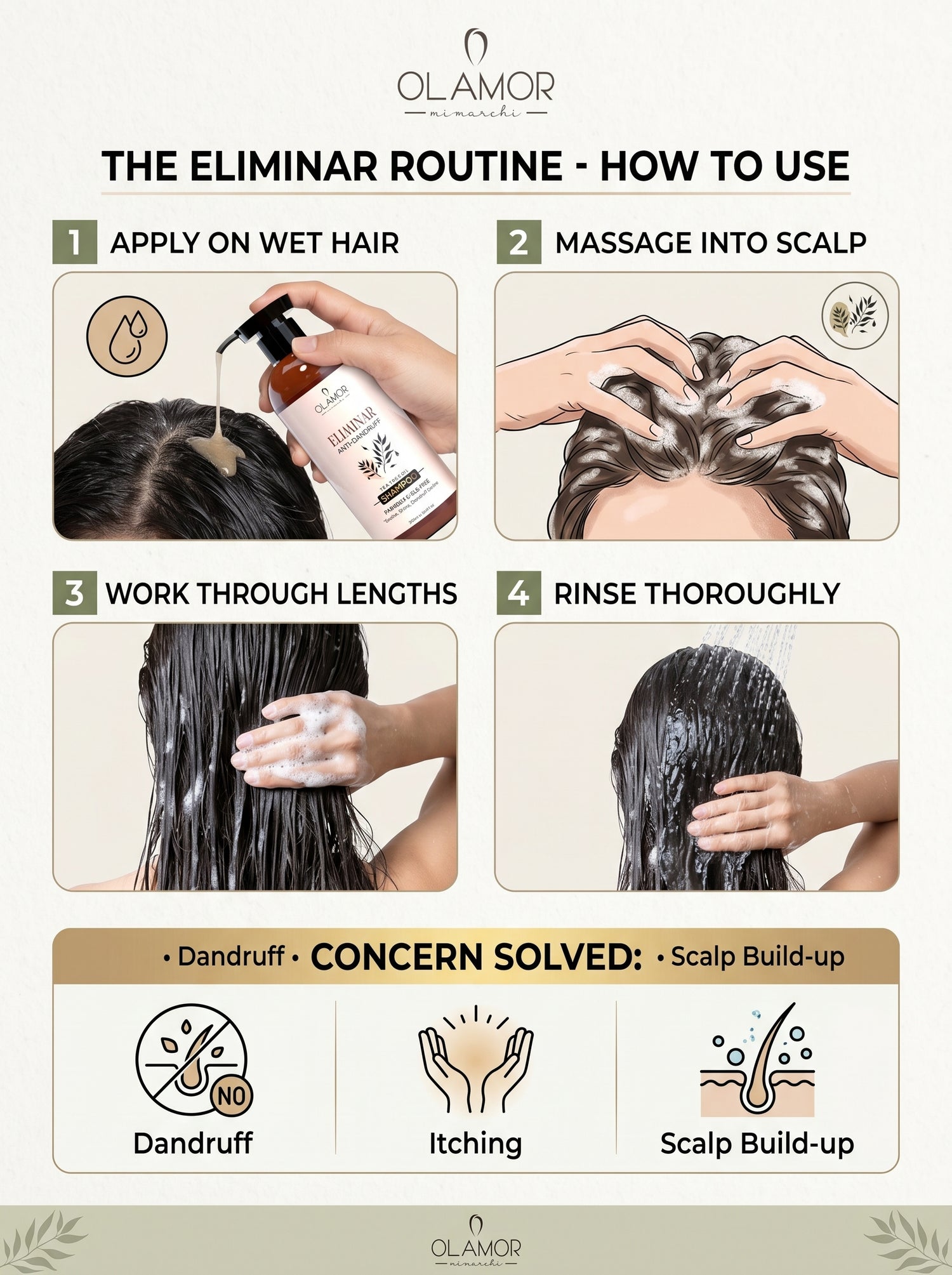 OLAMOR Eliminar Anti-Dandruff Shampoo 300ml &amp; Collagen Strengthening Hair Therapy 500gm Combo | Flake Control, Deep Cleansing &amp; Hair Strengthening for Healthy, Nourished Hair