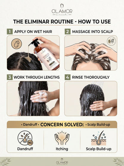 OLAMOR Eliminar Anti-Dandruff Shampoo 300ml &amp; Collagen Strengthening Hair Therapy 500gm Combo | Flake Control, Deep Cleansing &amp; Hair Strengthening for Healthy, Nourished Hair