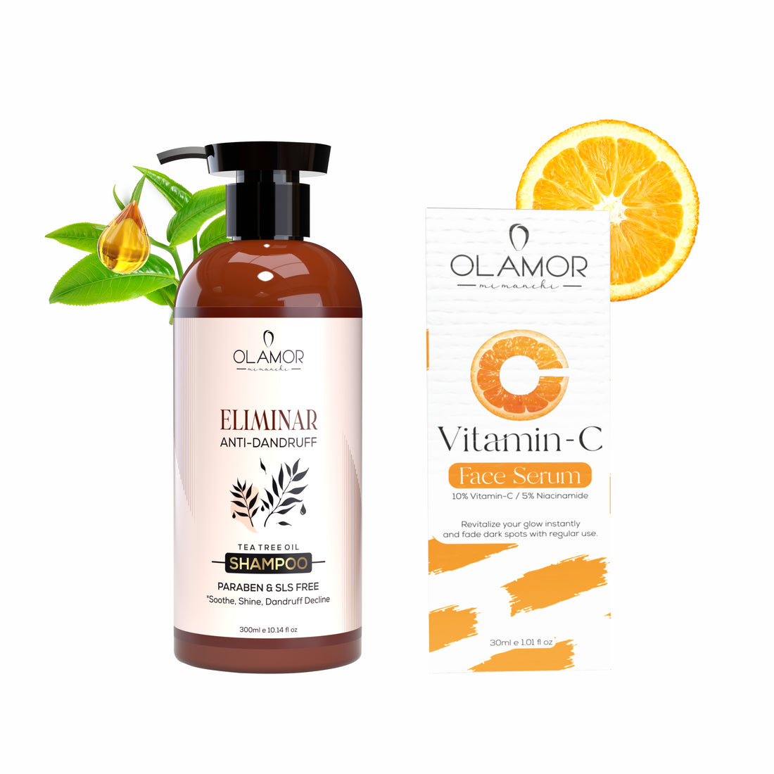 OLAMOR Eliminar Anti-Dandruff Shampoo 300ml &amp; Vitamin-C Serum 30ml Combo Pack of 2 | Dandruff Control Shampoo + Skin Brightening Face Serum for Healthy Hair &amp; Glowing Skin