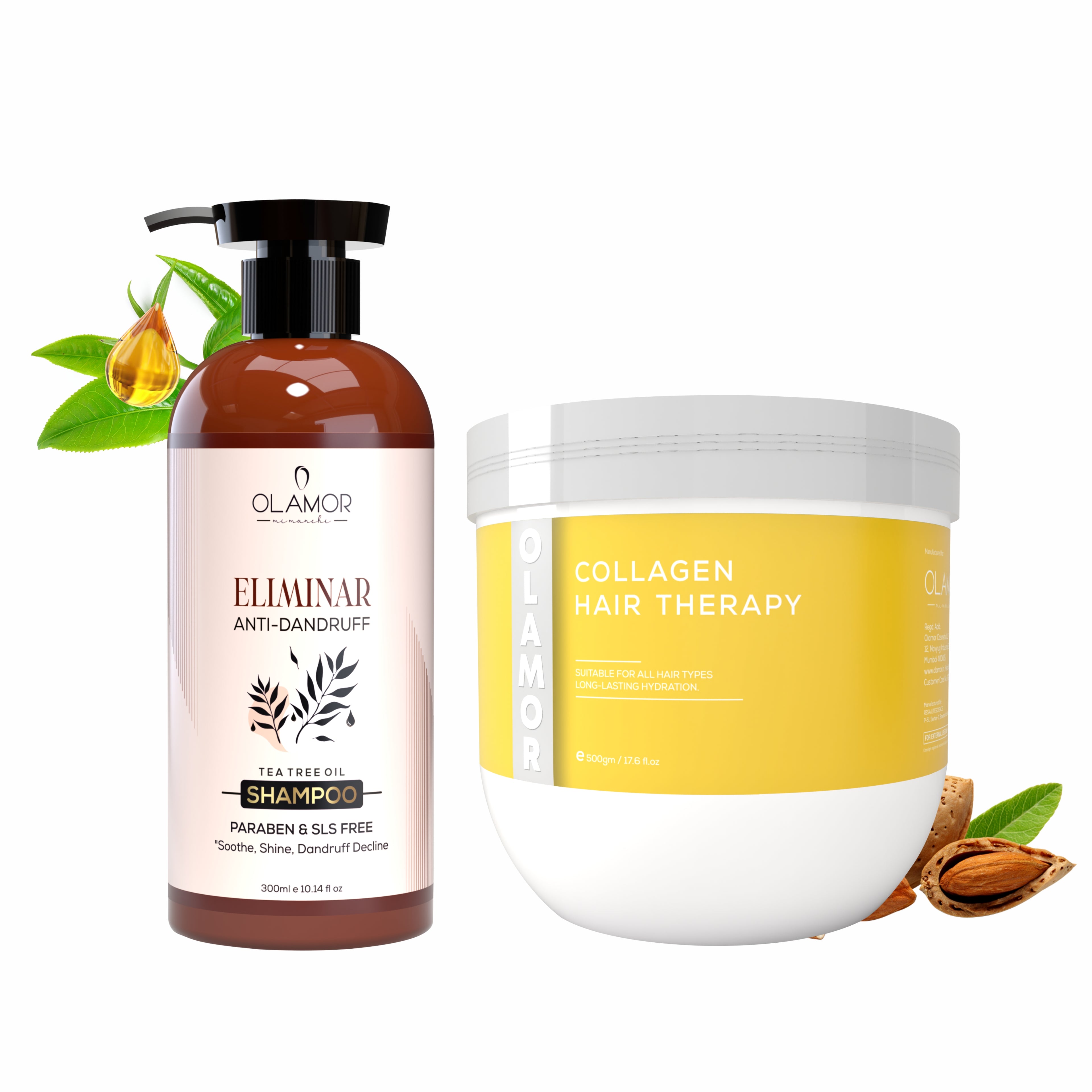 OLAMOR Eliminar Anti-Dandruff Shampoo 300ml &amp; Collagen Strengthening Hair Therapy 500gm Combo | Flake Control, Deep Cleansing &amp; Hair Strengthening for Healthy, Nourished Hair