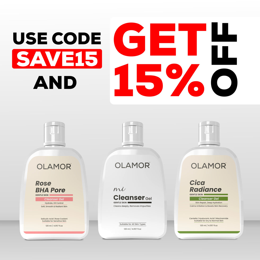 OLAMOR MI Cleanser Gel Pack of 3, 120ml Each | Gentle Deep Pore Cleansing Face Wash for Fresh &amp; Healthy Skin