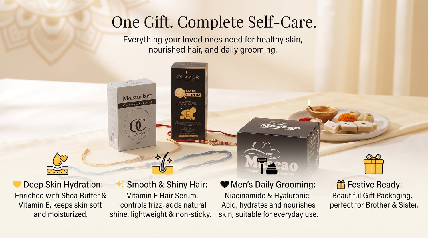 OLAMOR Rakhi Gift Hamper for Brother &amp; Sister | Raksha Bandhan Gift Set | Moisturizer 50ml + Vitamin E Hair Serum + Mascao Men Cream | Premium Skincare &amp; Haircare Combo