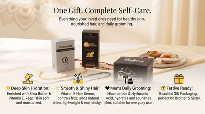 OLAMOR Rakhi Gift Hamper for Brother &amp; Sister | Raksha Bandhan Gift Set | Moisturizer 50ml + Vitamin E Hair Serum + Mascao Men Cream | Premium Skincare &amp; Haircare Combo