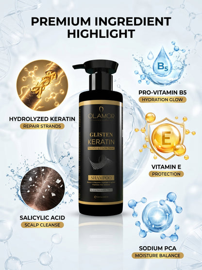 OLAMOR Glisten Keratin Revitalizing Shampoo 250ml | Intense Damage Repair &amp; Deep Nourishing Formula | Smooth, Frizz Control &amp; Strengthening Hair Care for Dry &amp; Damaged Hair
