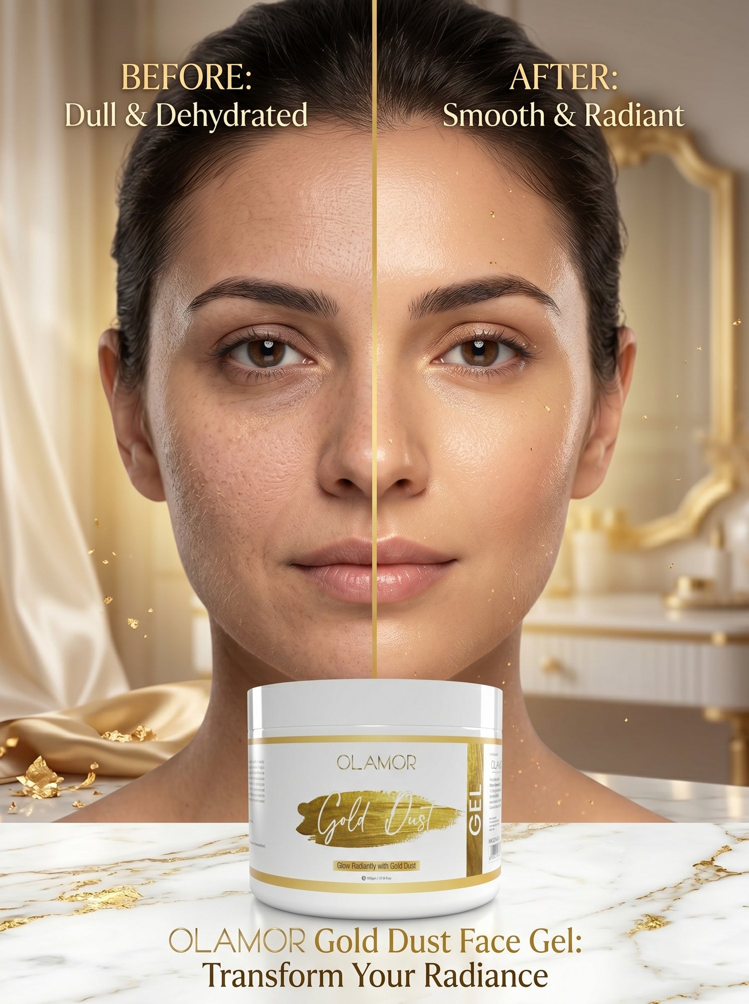 OLAMOR Gold Dust Face Gel – Lightweight Hydration &amp; Glow Boosting Skin Gel 500gm