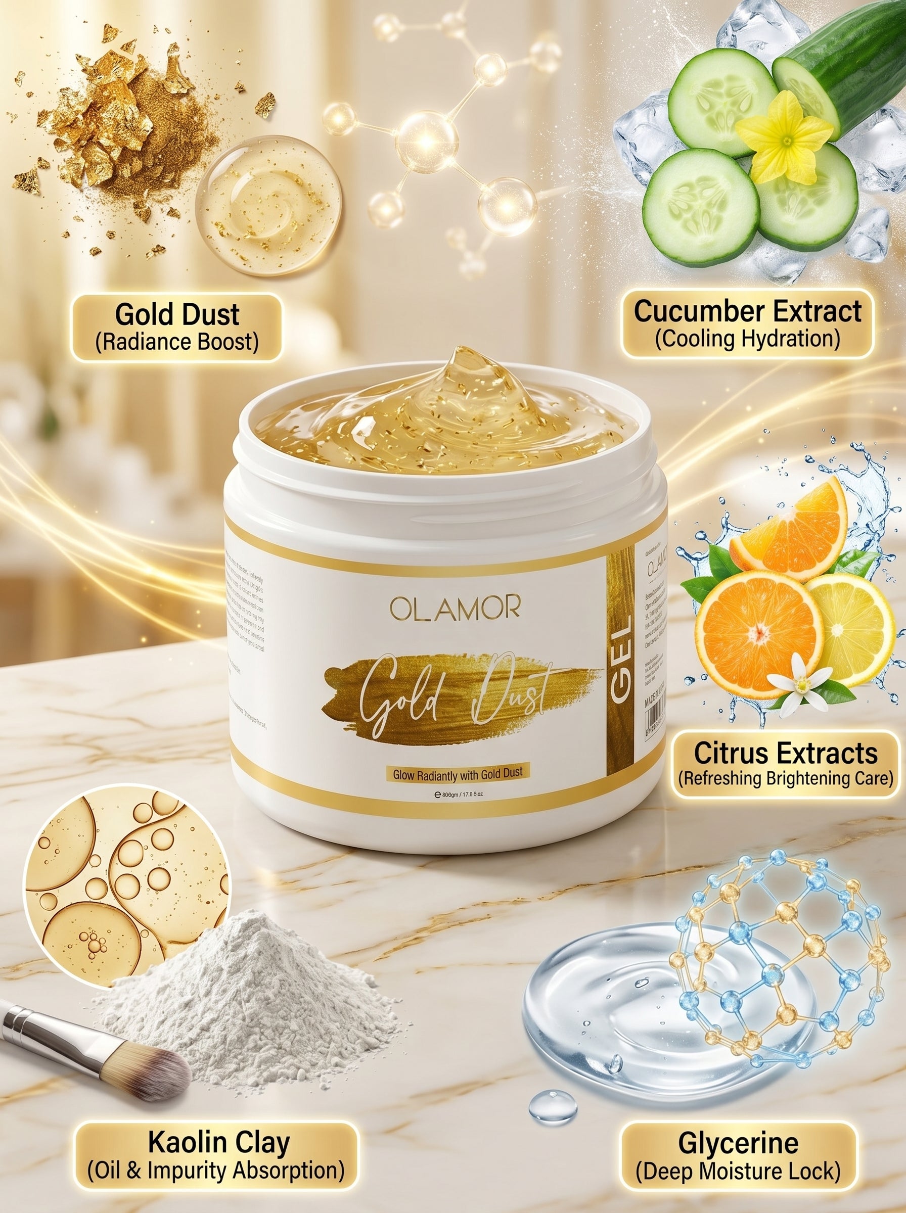 OLAMOR Gold Dust Face Gel – Lightweight Hydration &amp; Glow Boosting Skin Gel 500gm