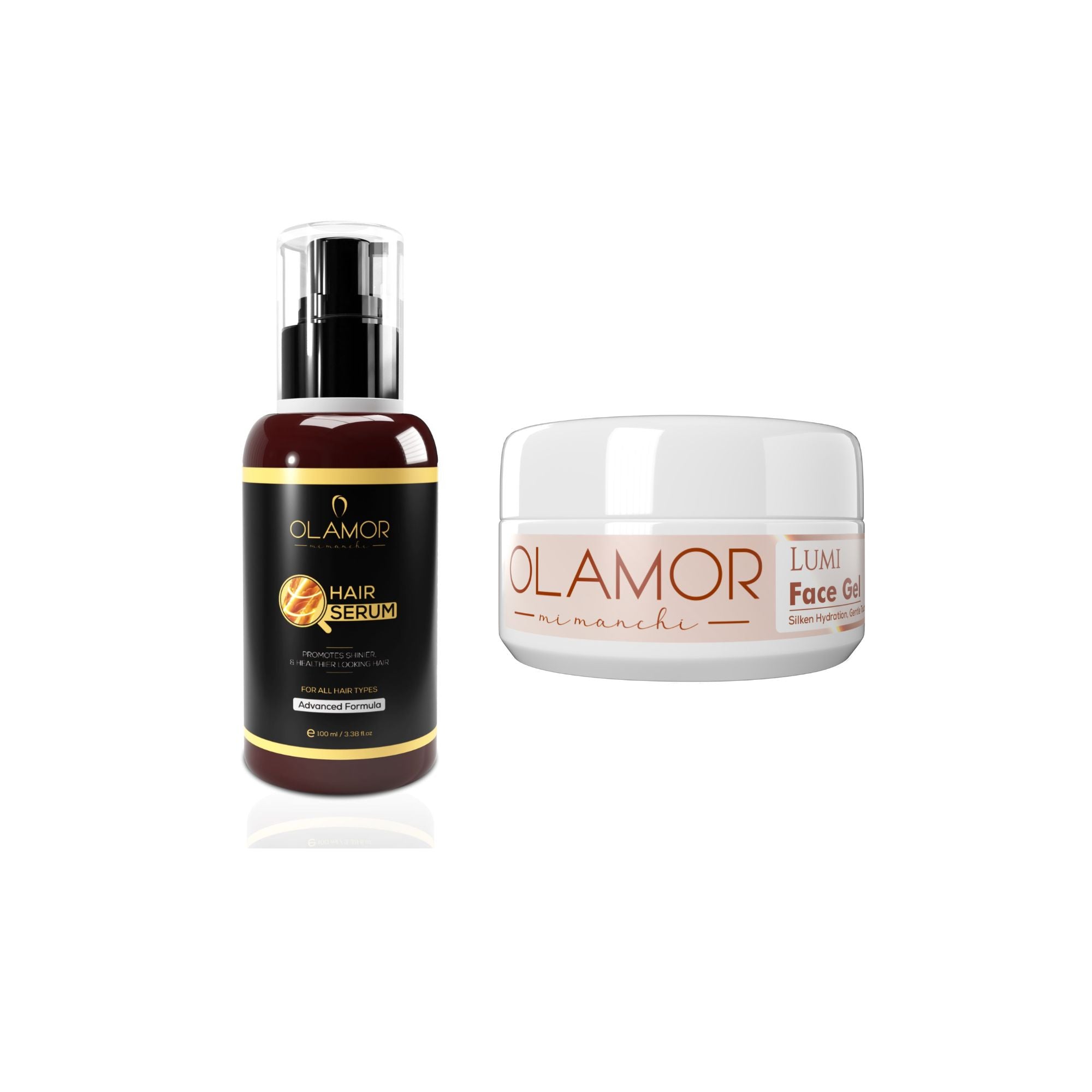 OLAMOR Vitamin-E Hair Serum with Macadamia Oil + Éclat Face Gel | Daily Hair &amp; Skin Care Combo