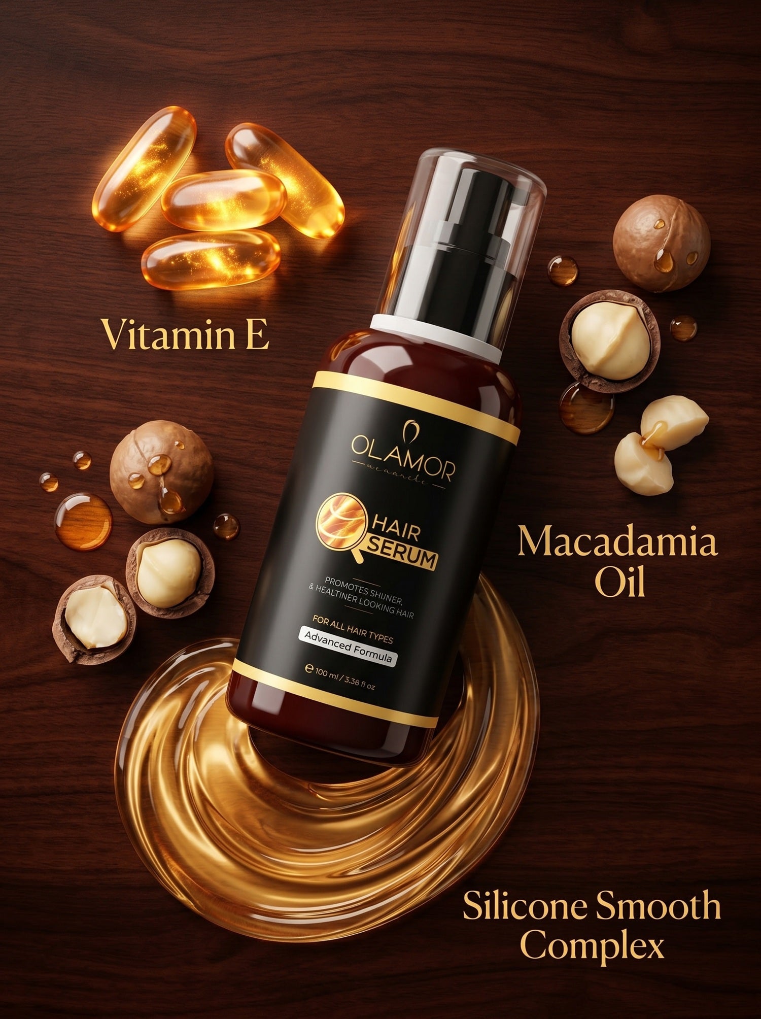 OLAMOR Vitamin-E Hair Serum with Macadamia Oil + Éclat Face Gel | Daily Hair &amp; Skin Care Combo