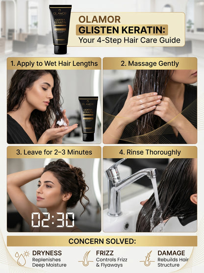 OLAMOR Glisten Keratin Conditioner 200ml | Intense Hair Damage Repair &amp; Deep Nourishment | Smooth, Frizz Control &amp; Shine