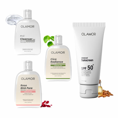 OLAMOR Complete Cleansing Trio | MI Cleanser Gel 120ml + Rose BHA Pore Cleanser Gel 120gm + Cica Radiance Cleanser Gel 120gm for Clean, Clear &amp; Radiant Skin